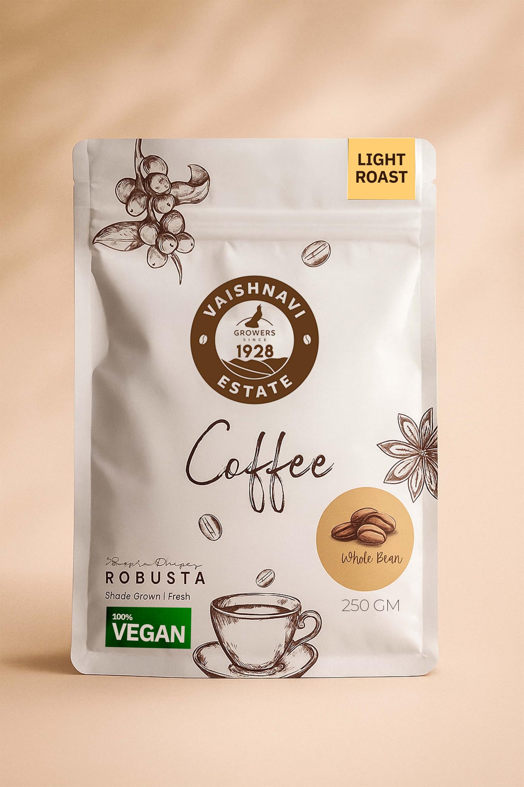 - Vaishnavi Estate's Vegan Light Roast Robusta Coffee | Single Origin | Shade Grown | Freshly Roasted & Ground | Whole Bean - 250g (Pack of 1)