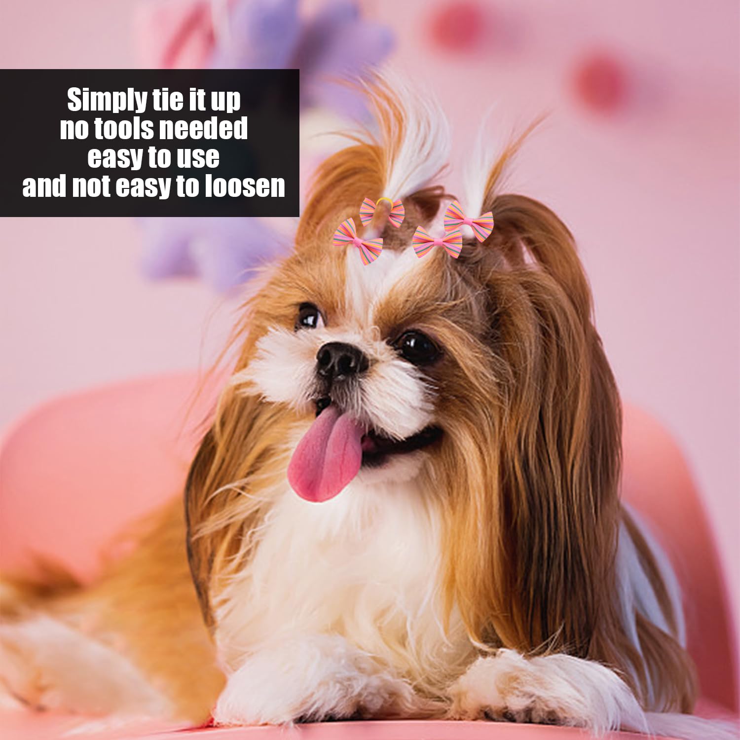 100 corde per capelli con fiocco, 1 borsa portaoggetti, accessori per capelli di animali, elastici creativi per cani, elastici per animali domestici, accessori per copricapo per gatti