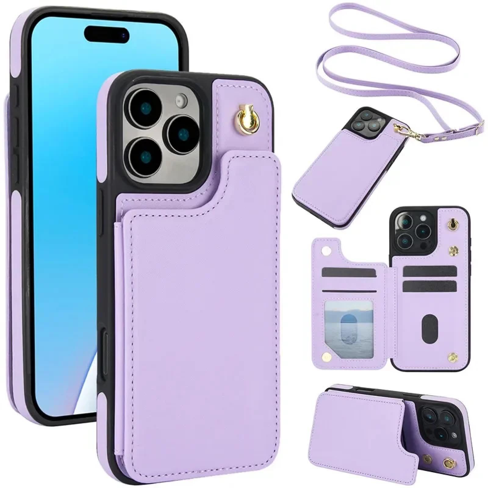 Für iPhone 15 Plus Langes Lanyard Leder Brieftasche Karten Handyhülle Crossbody Flip Cover (Für iPhone 15 Plus/Pink)