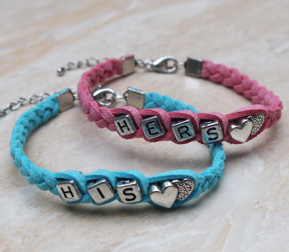 Couples Bracelet Set of 2 His and Hers Bracelet,Heart Bracelet, Blue and Pink Weaving Braid Bracelet, Anniversary Bracelets