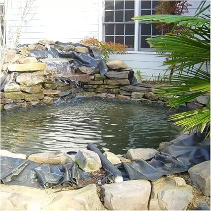 Image HDPE waterproof membrane PVC Pond Liner 0.2mm Pond Skins Liner Black HDPE Fish Pond Liner for Small Ponds, Fish Ponds, Streams Fountains and Garden Waterfall, with Pon(Size:33x33ft/10x10m,Color:0.2mm)