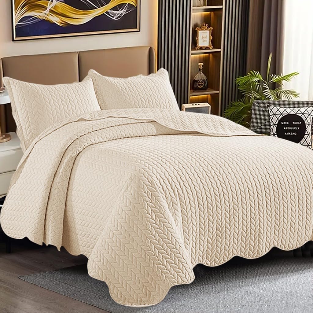 Rugs Inn Mono Bedspread Bed Throw 3Pcs - Embossed Matt Finish Reversible Quilt Coverlets Bedspread Sofa Bed Cover with 2 Pillow Cases (Double, Beige)