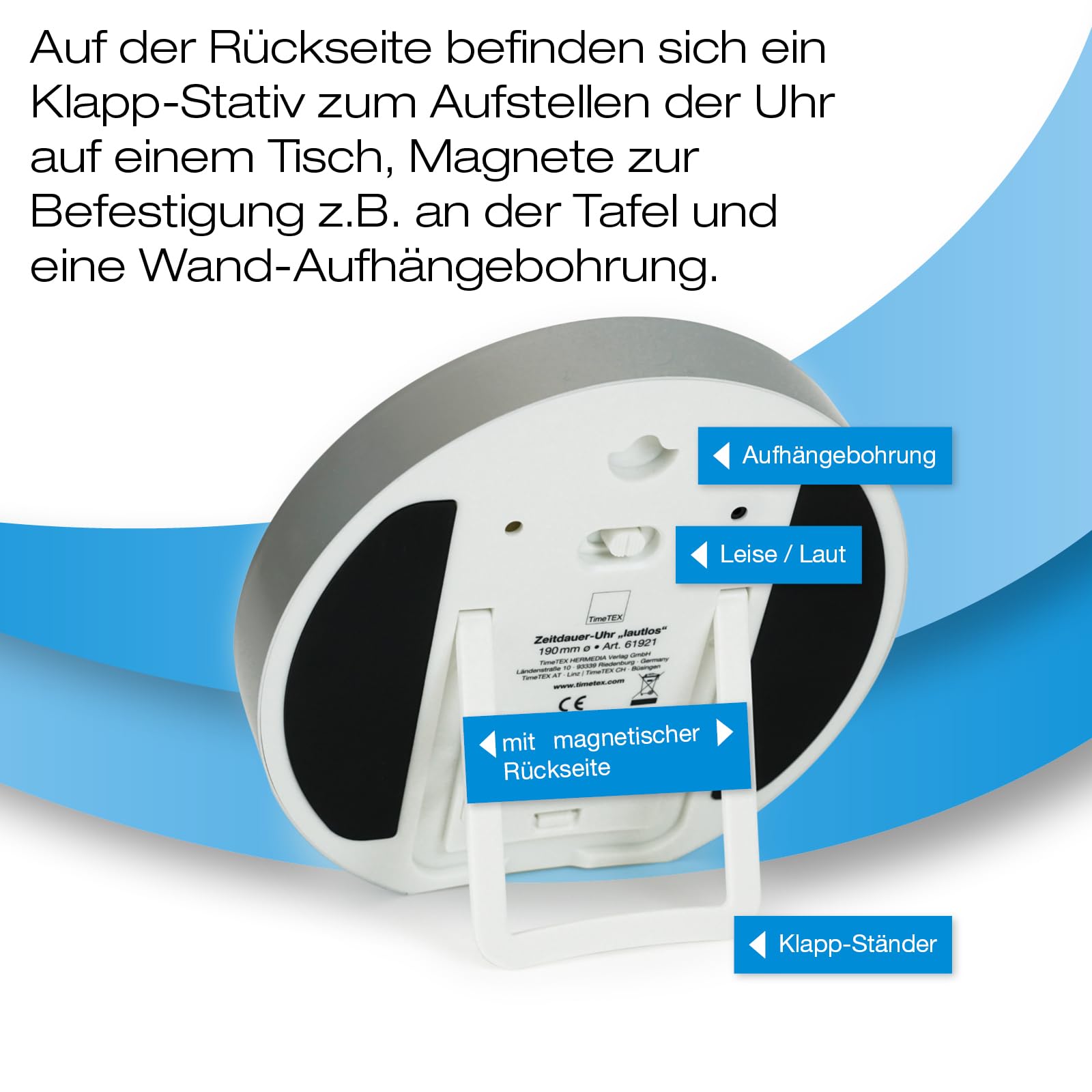 TimeTEX - Zeitdauer-Uhr L Blau| Lautloser 60 Minuten Countdown mit visuellem und akustischen Signal für Selbständigkeit | Inhalt: Batteriebetriebener Timer in Blau (Größe: ca. 19 cm ø)