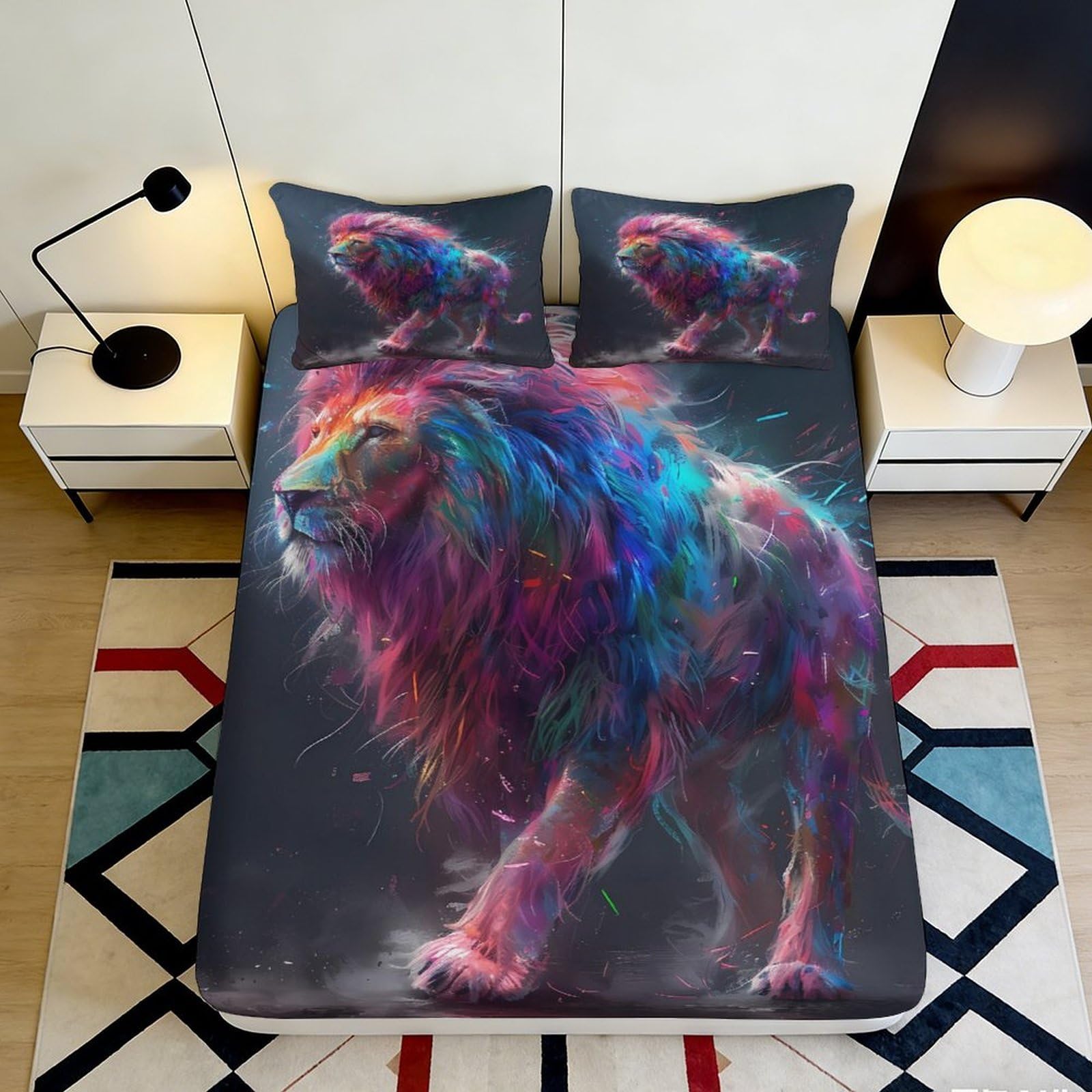 3D Printed Colorful Lion Fitted Sheet Microfiber Soft Anti-Slip Rainbow Mane Bed Sheet for Bedroom Dorm Mattress Decor 180x200x25cm