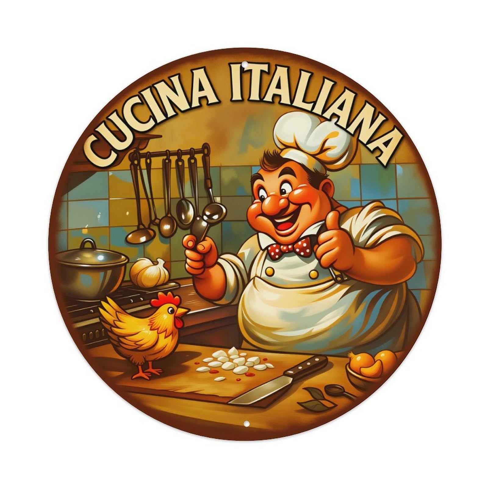 Lzwbntey Vintage Chef Chicken Kitchen Utensils Pasta Metal Tin Sign Retro Wall Decor For Home Bar Garage Cafe, Indoor & Outdoor Decorative，Circle Metal Poster, 8X8 Inch