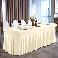 Vista 2 de Faldones de mesa de elastano marfil perlado para mesas rectangulares de 4 pies, mantel plegable elástico marfil perlado para bodas, fiestas