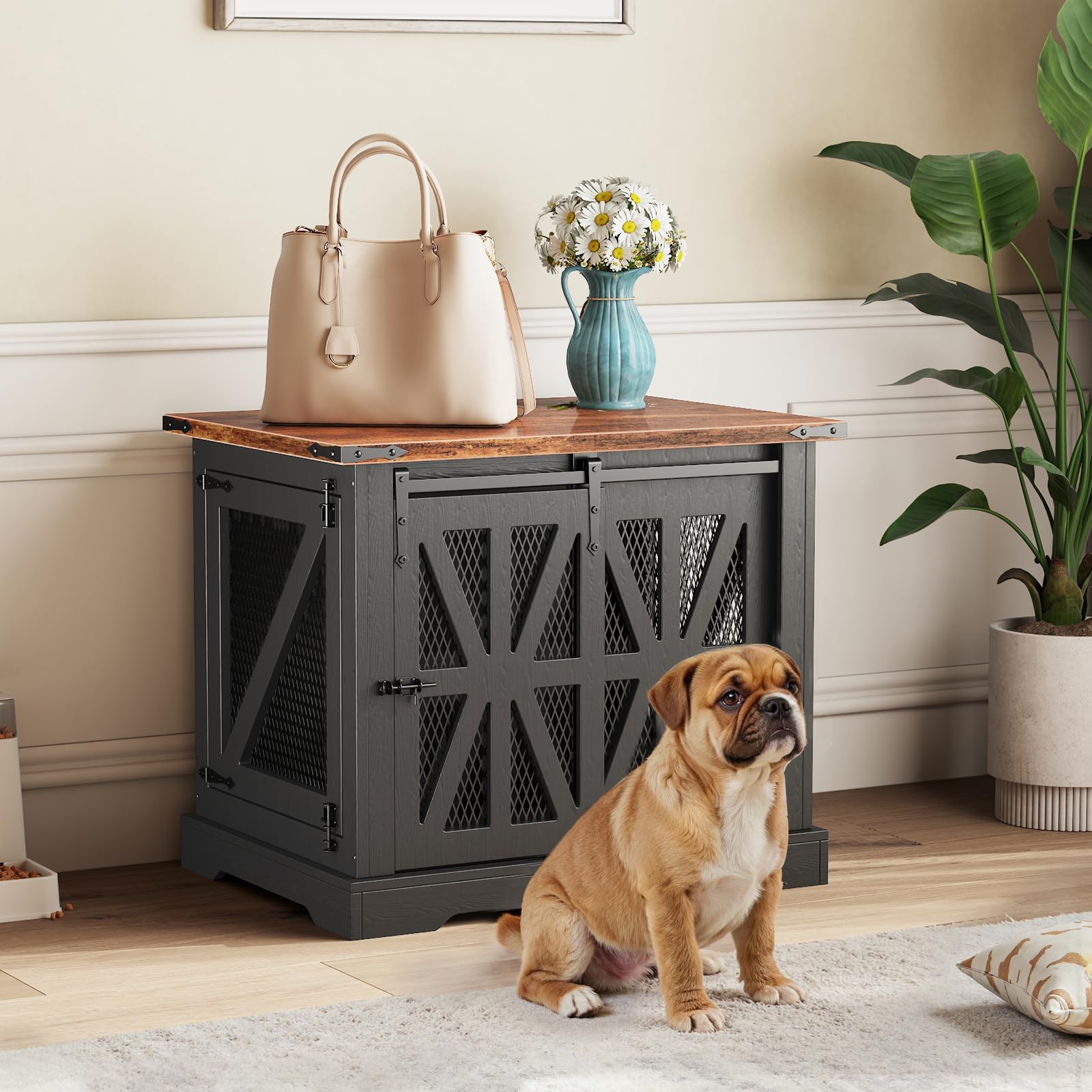 Cage pour Chien, Cage de 73 cm, 3 Portes, Porte Coulissante, Maison Moderne en Bois pour Chien, Chiens de Petite Taille et Chiots, Design Renforcé, 73x51x60 cm, Noir