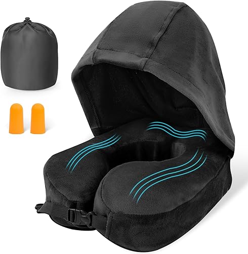 Almohada de cuello de viaje con capucha Almohada con capucha de avión imprescindible para adultos, espuma viscoelástica de alta calidad, apta para