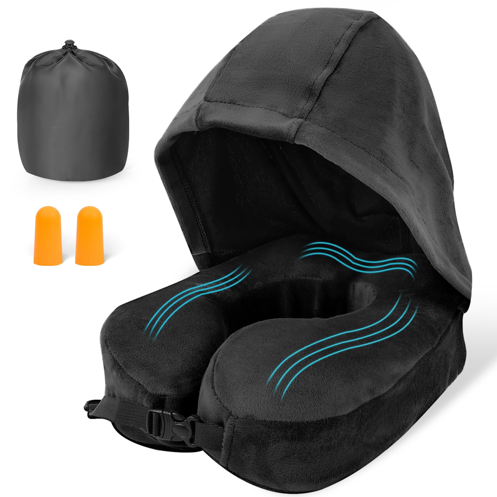 Flywish Travel Neck Pillow with Hood - Adult Travel Must Haves Airplane Hoodie Pillow, Premium Quality Memory Foam, Fit for Office, Car Ride, Sleeping. Kit with Earplugs, Luxury Bag(Ebony, M)