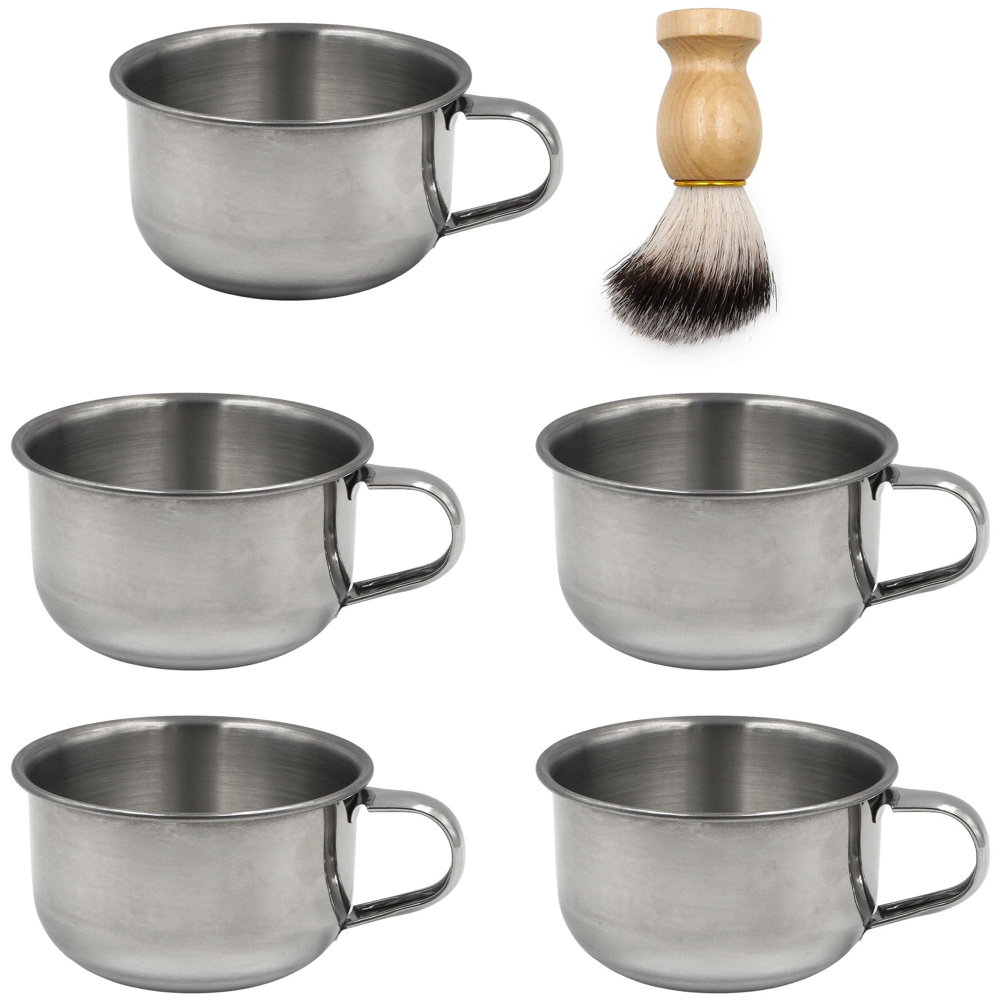 5PCS Shaving Soap Bowl with Beard Brush, 3.4inch Stainless Steel Mug Dish