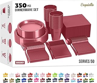 350 Pcs Burgundy Plastic Plates For Party, Burgundy Disposable Plates Set, 50 Of Each 9" Dinner Plate Set, 7" Dessert Plate, Cups, Napkins & Cutlery Plastic Dinnerware Exquisite