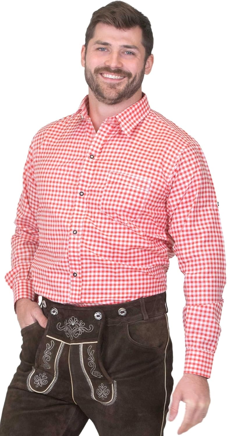 Dirndl Trachten Haus German Blue Plaid Lederhosen Longsleeve/Shortsleeve Button Down Shirt