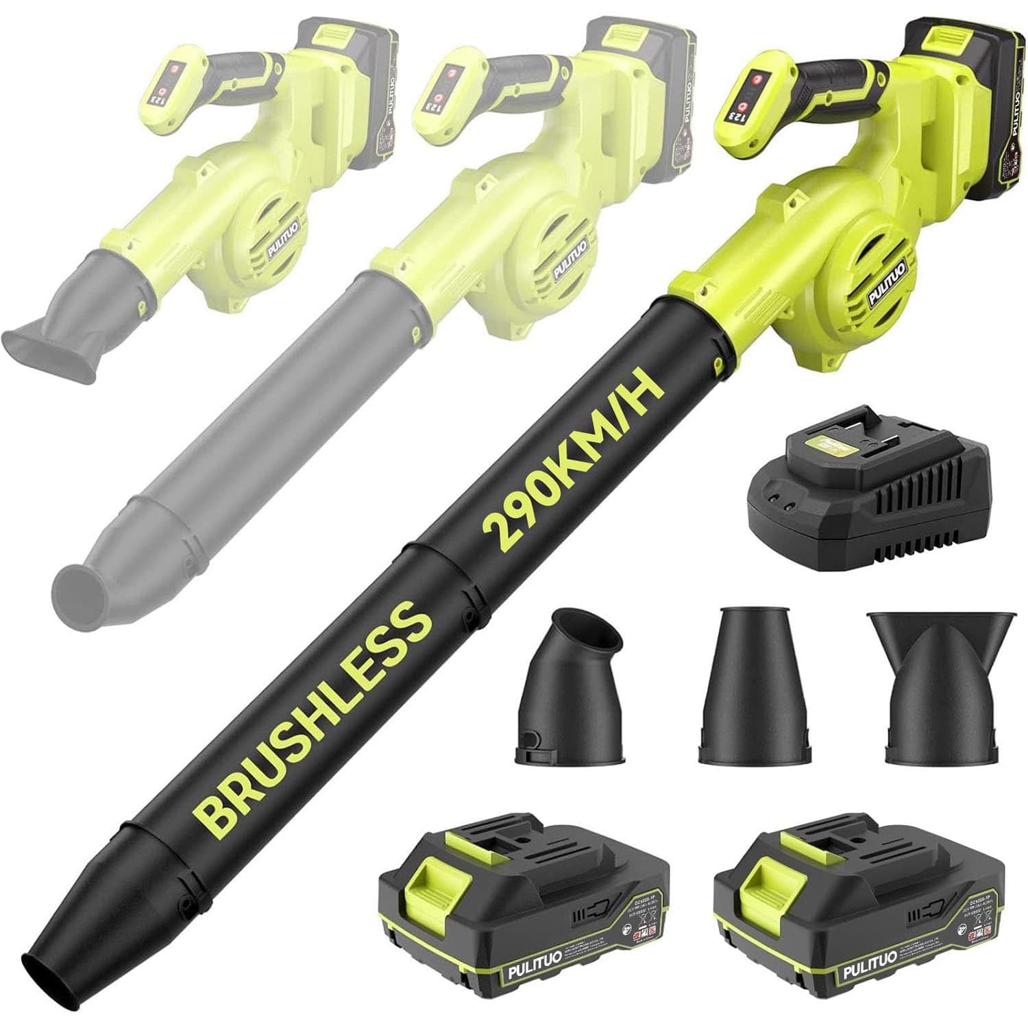 Soffiatore a batteria, 3 IN 1 Mini Soffiatore Foglie Senza Fili con Motore Brushless - 290 KM/H 20.000 giri/min Soffiatore da giardino leggero con 3 accessori per polvere, foglie e auto (2 Batterie)