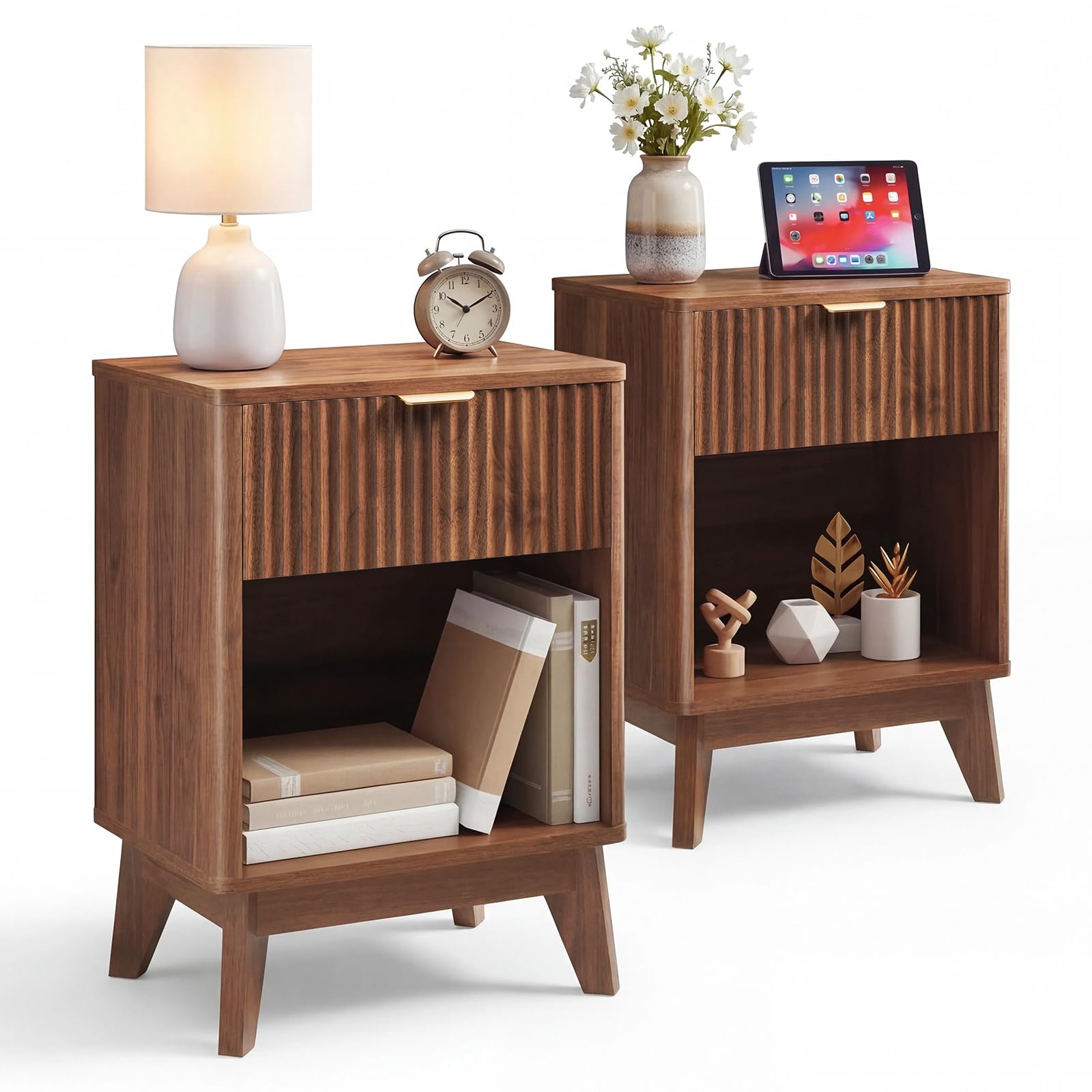 LYNCOHOME End Table,Wooden Bedside Tables Set of 2, Bedside Cabinet with Shelf, Bed Side Table for Bedroom,Living room,2 Pack,Walnut