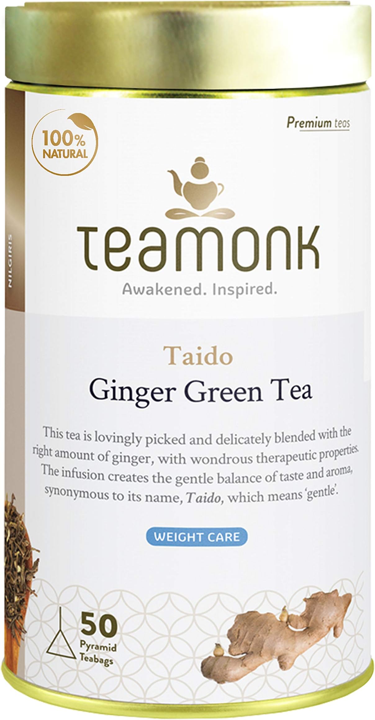 Teamonk Taido High Mountain Ginger Green Tea Box - 50 Tea Bags Filled With Whole Loose Leaves | 100% Natural Ginger Tea | Ginger Tea | No Additives