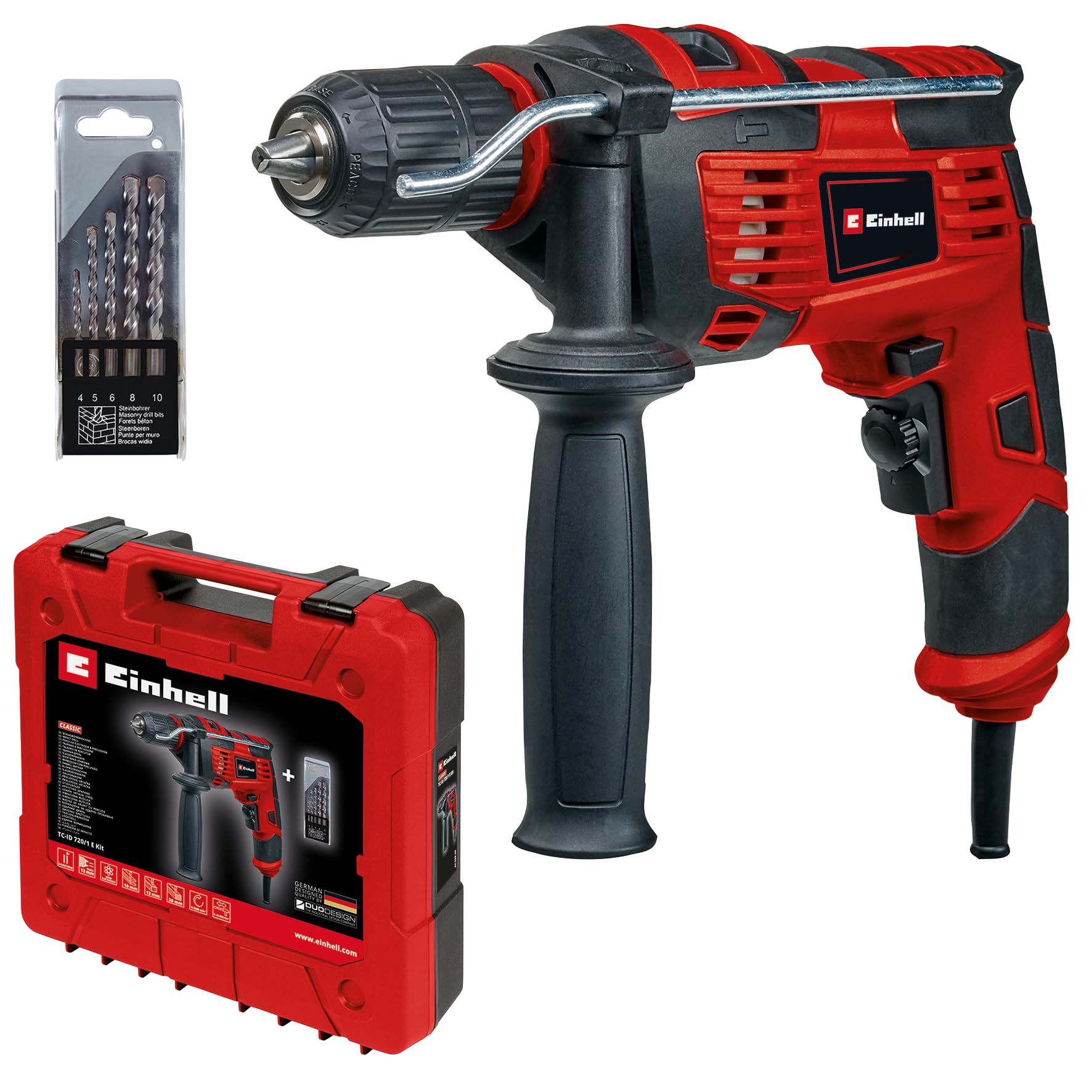 Einhell Darbeli Matkap TC-ID 720/1 E Kit (delme/darbeli delme, 13 mm mandren, devir elektroniği, beton için 5 parçalı uç seti + E-Box Basic)