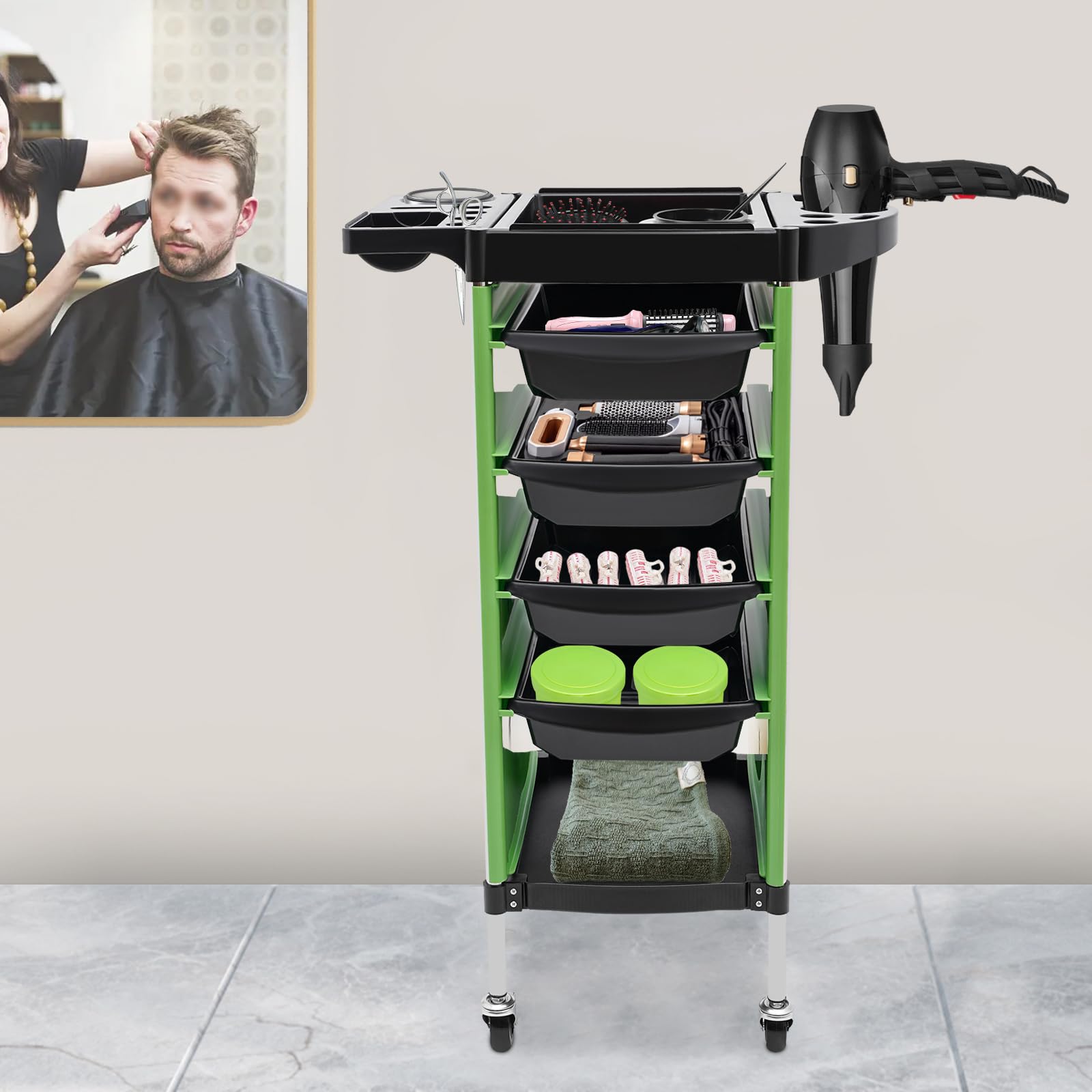 Chariot de coiffeur noir avec tiroirs sur pied rectangulaire pour salon de maquillage