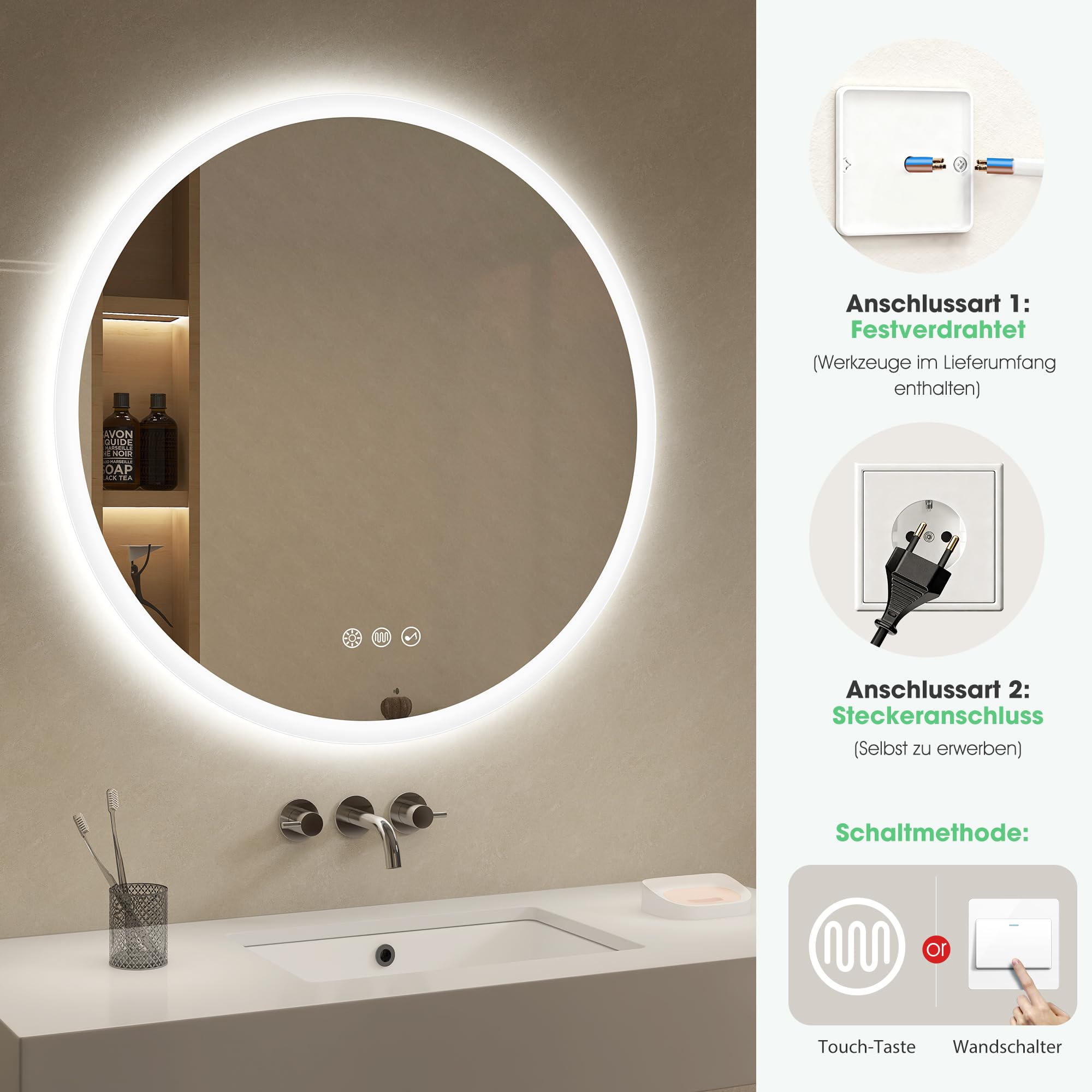 S'bagno Runder-Badspiegel-mit-Beleuchtung-60cm, Badezimmerspiegel-mit-Beleuchtung-und-Bluetooth, Entfoggen, 3000K/4000K/6500K, Dimmbar, HD-gehärtetes Glas, Speicherfunktion, IP44