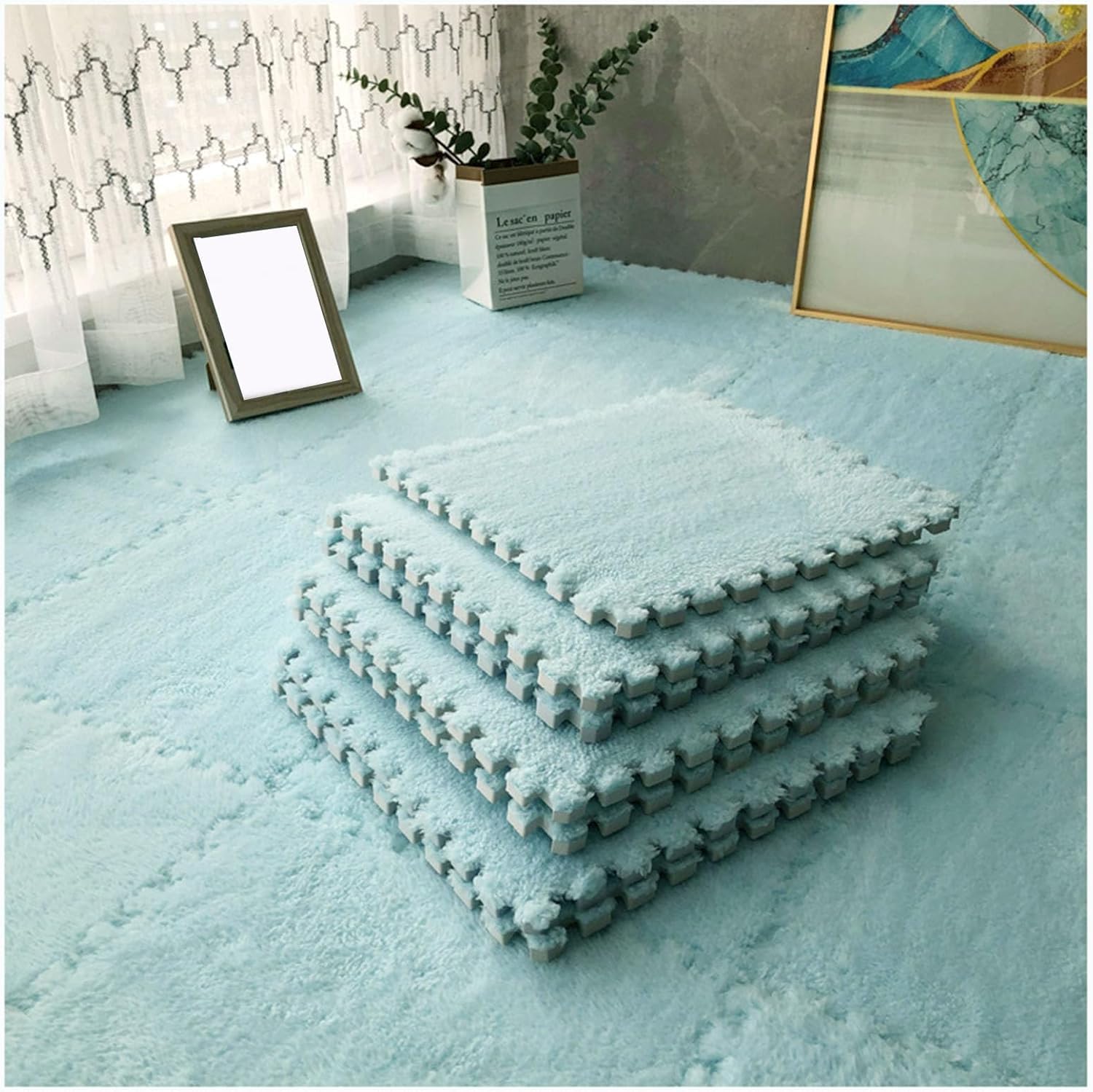 JvFbjLF Plush Foam Floor Mat 12x12inch Square Foam Playmat Fluffy Interlocking Foam Tiles(Light Blue,20pcs)