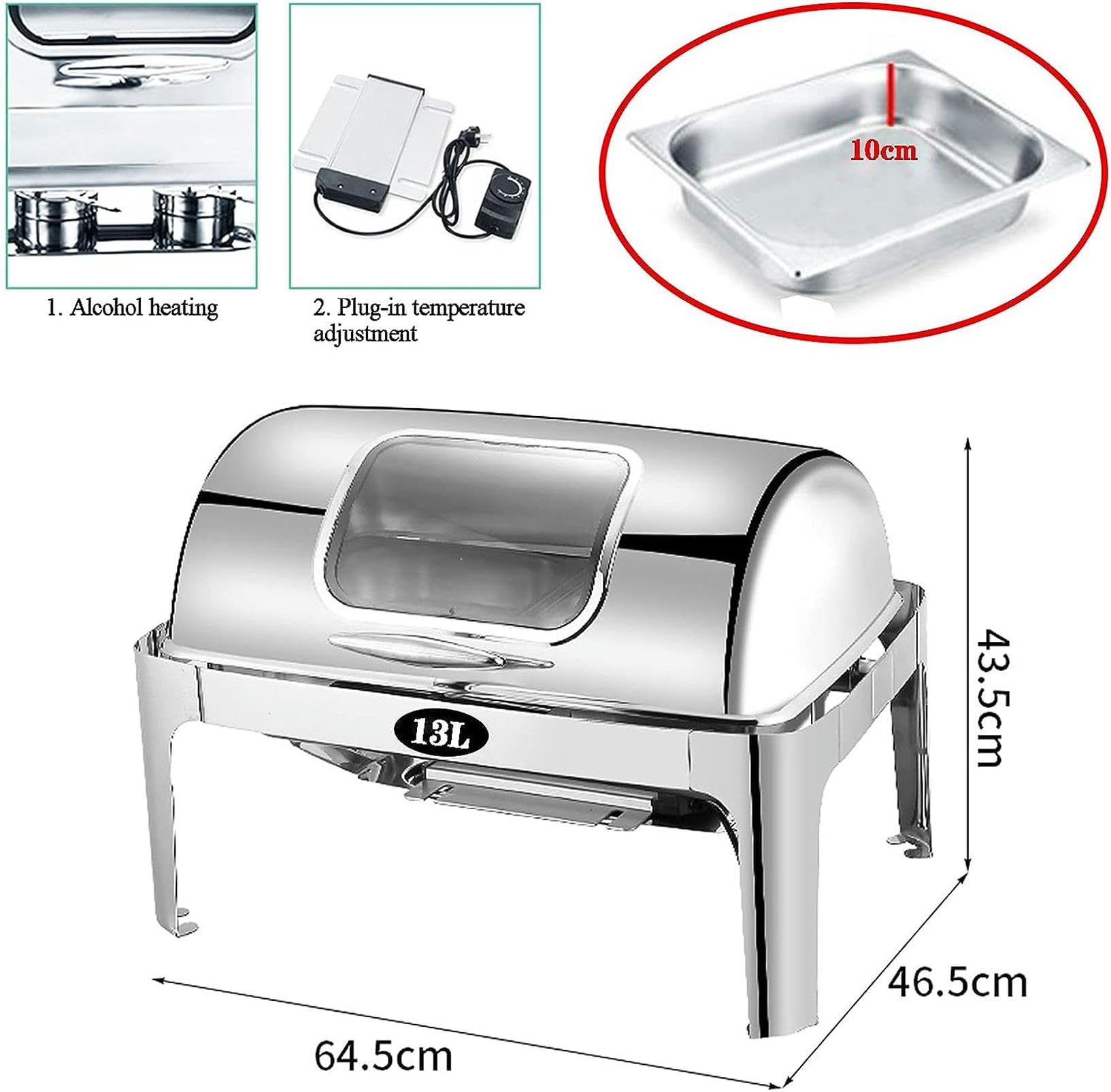 Scaldavivande Elettrico Acciaio Inox, Chafing Dish, 13L Contenitore Termico Scalda Cibo Scalda Vivande con Coperchio a Vista, Mere Il Cibo Fresco e Delizioso, 400W