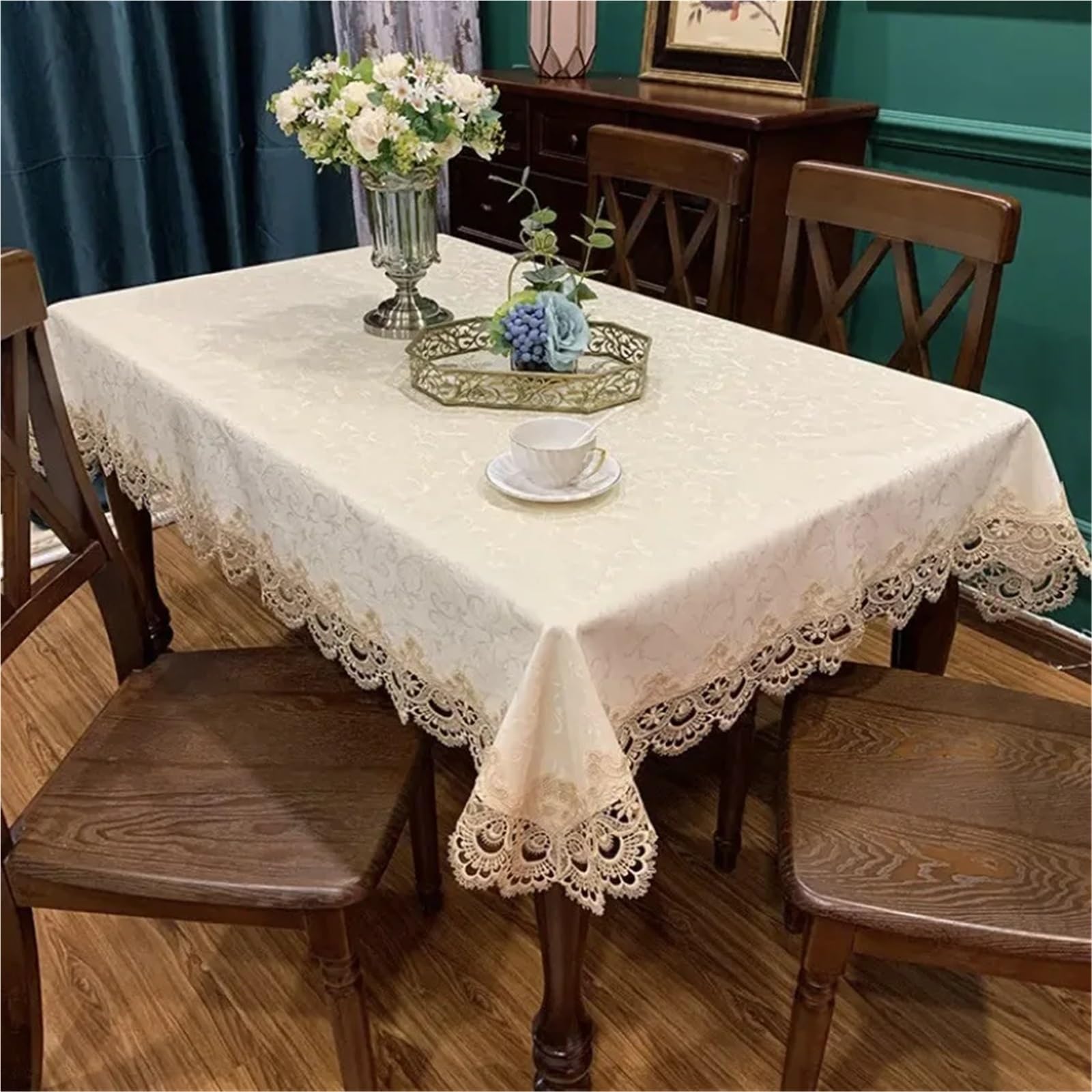 1 nappe rectangulaire en cuir synthétique imperméable avec dentelle pour salle à manger, cuisine, fête d'anniversaire, chemin de table carré résistant aux taches (blanc, 175 x 175 cm)