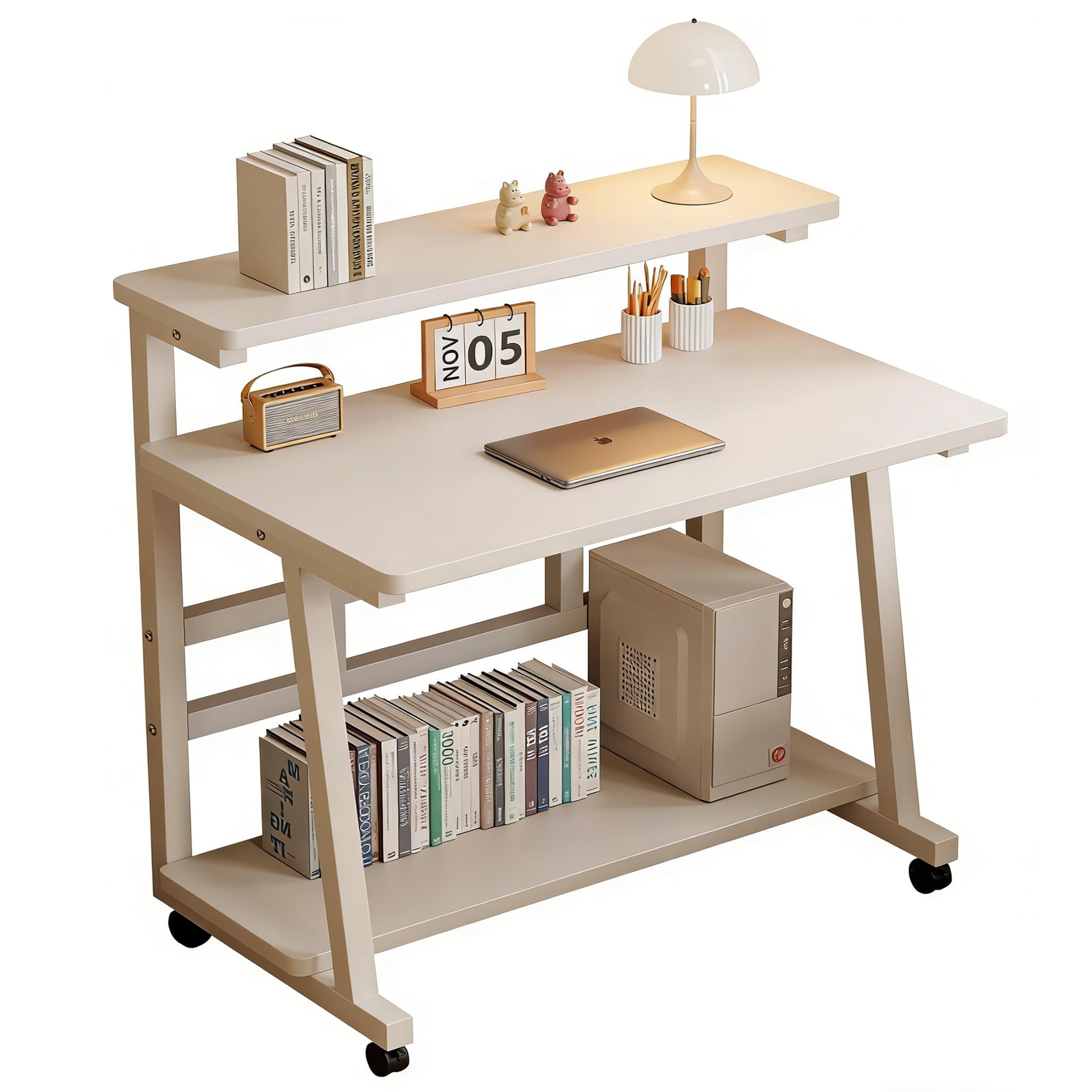 Mrsanmu 47.2" Computer Desk for Small Spaces,Portable Standing Desk with 3-Layer Storage & Monitor Stand,Home Office Small Table with Wheels, Rolling