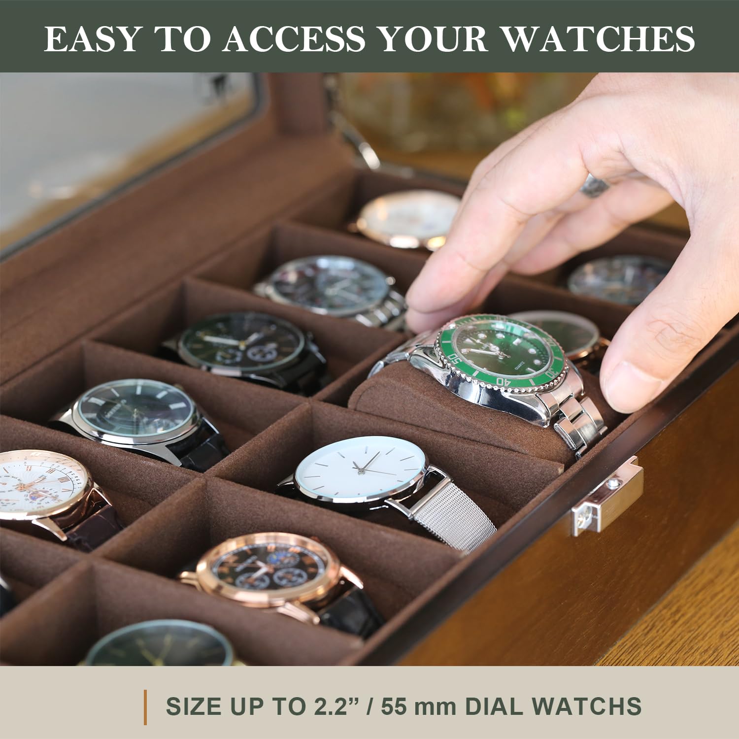 Slege porta orologi in Legno a 12 Posti,Scatola per orologi in Legno,Elegante Porta orologi uomo,Vetrina in Vetro Porta orologi per 12 orologi,Watch box per uomo Regalo (Marrone)