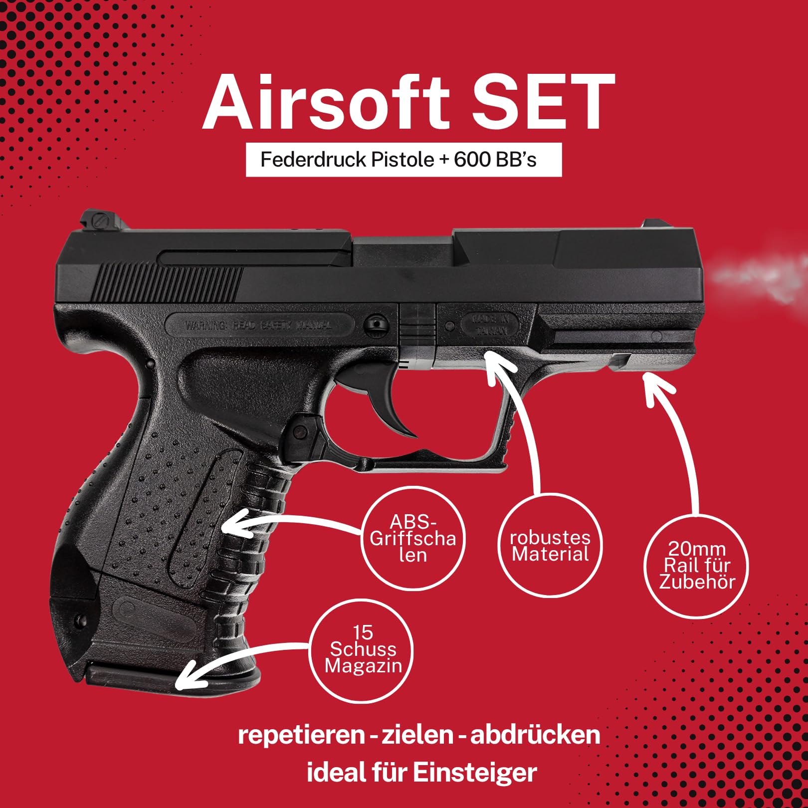 Airsoft Pistole HFC R99 6mm Federdruckpistole Softair Waffe 0,5 Joule – Set inkl. Magazin & 600 Bio BBS 0,20g Munition, Einsteiger, Freizeit & Outdoor <0,5 Joule