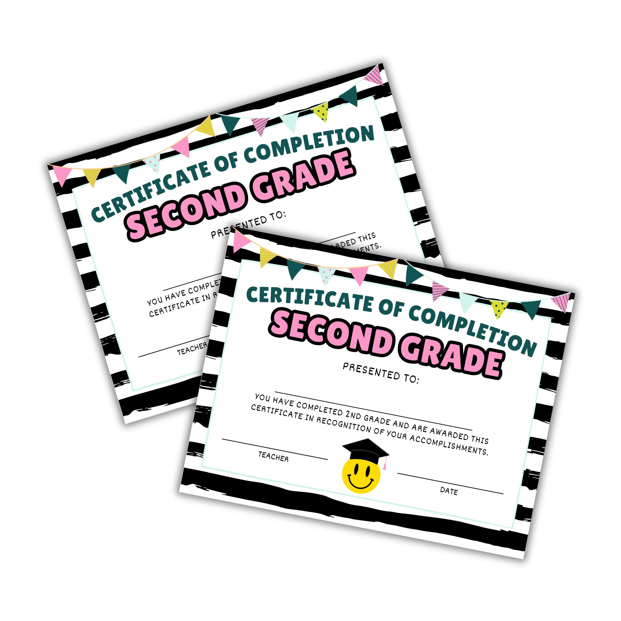 Second Grade 2nd Certificate of Completion Graduation Diploma 30pk 8.5x11” Smiley Face Daisy 90’s Seed Bracelet Checkered Neutral Award Theme Trendy