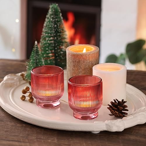 Miniatura 3 de Juego de 6 portavelas votivas rojas de 6 a 2.55 x 3 pulgadas, candelabros de cristal con elegante diseño acanalado, grandes soportes votivos para