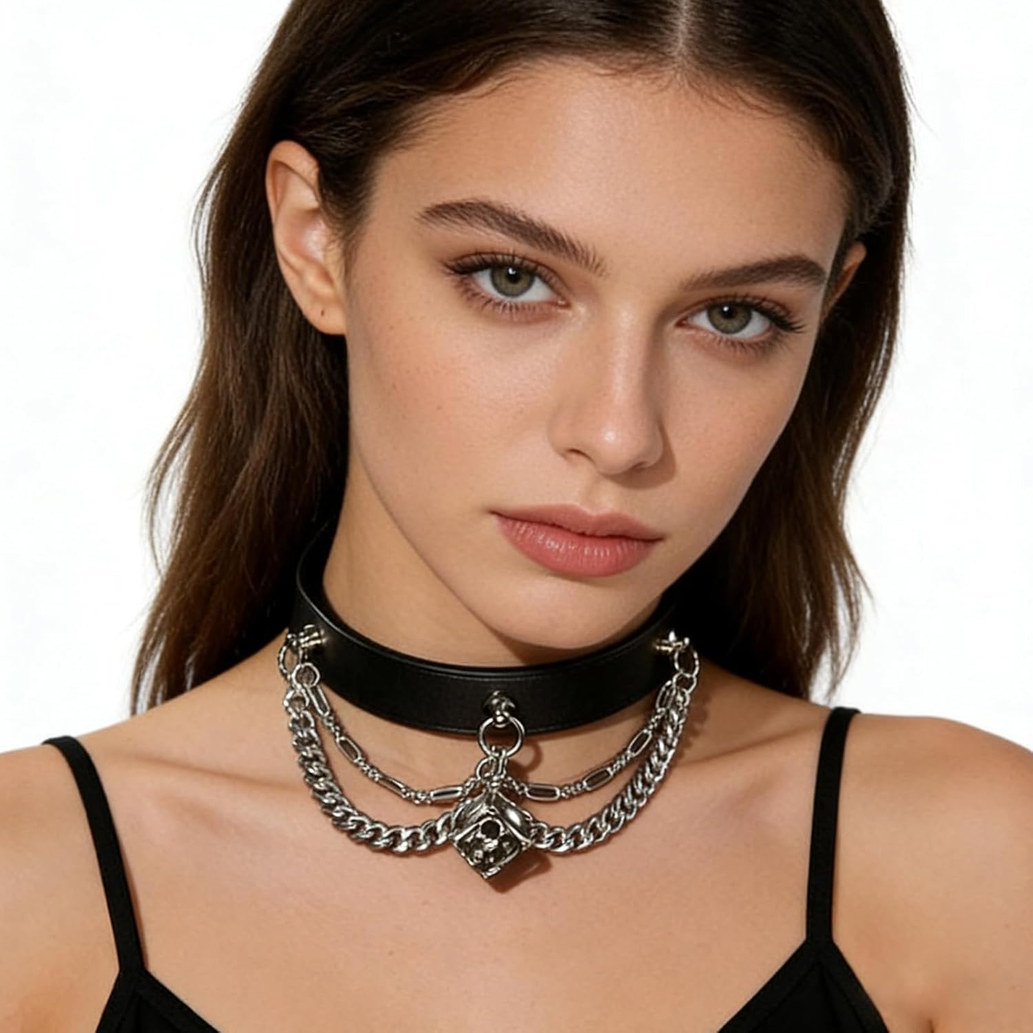 Punk Genuine Leather Choker Necklace Stainless Steel 3D Skull Breathless Choker Collar Gothic Slip Chain Necklaces for Women Men - Image 3