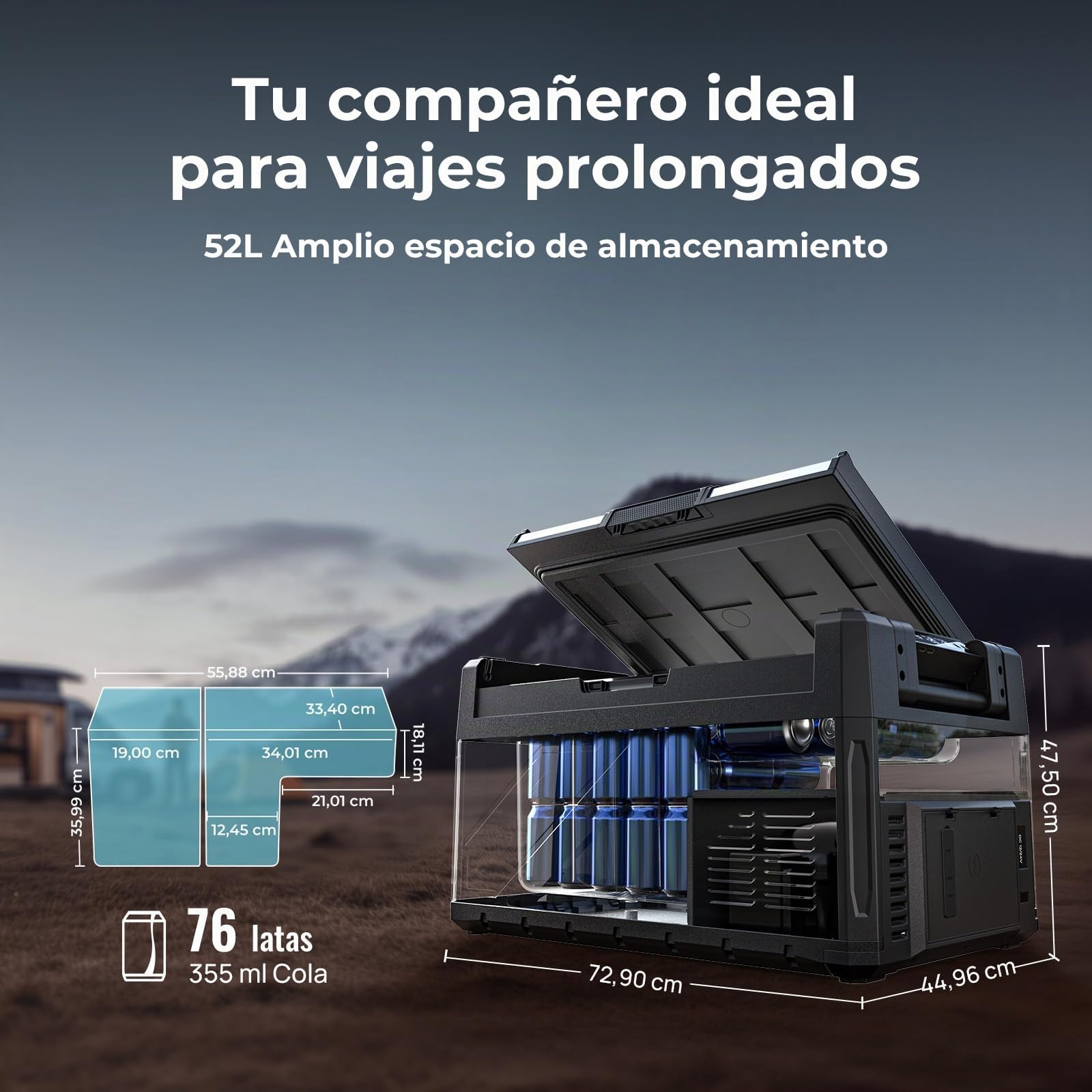 BougeRV Rocky V3.0 Doble Zona Nevera Coche 52L con Batería 240Wh, -20℃~20℃ | Compresor Portátil 12V 24V 230V Freezer App Metal IPX4 Frigorífico Coche Camping Viajes Barco Pesca