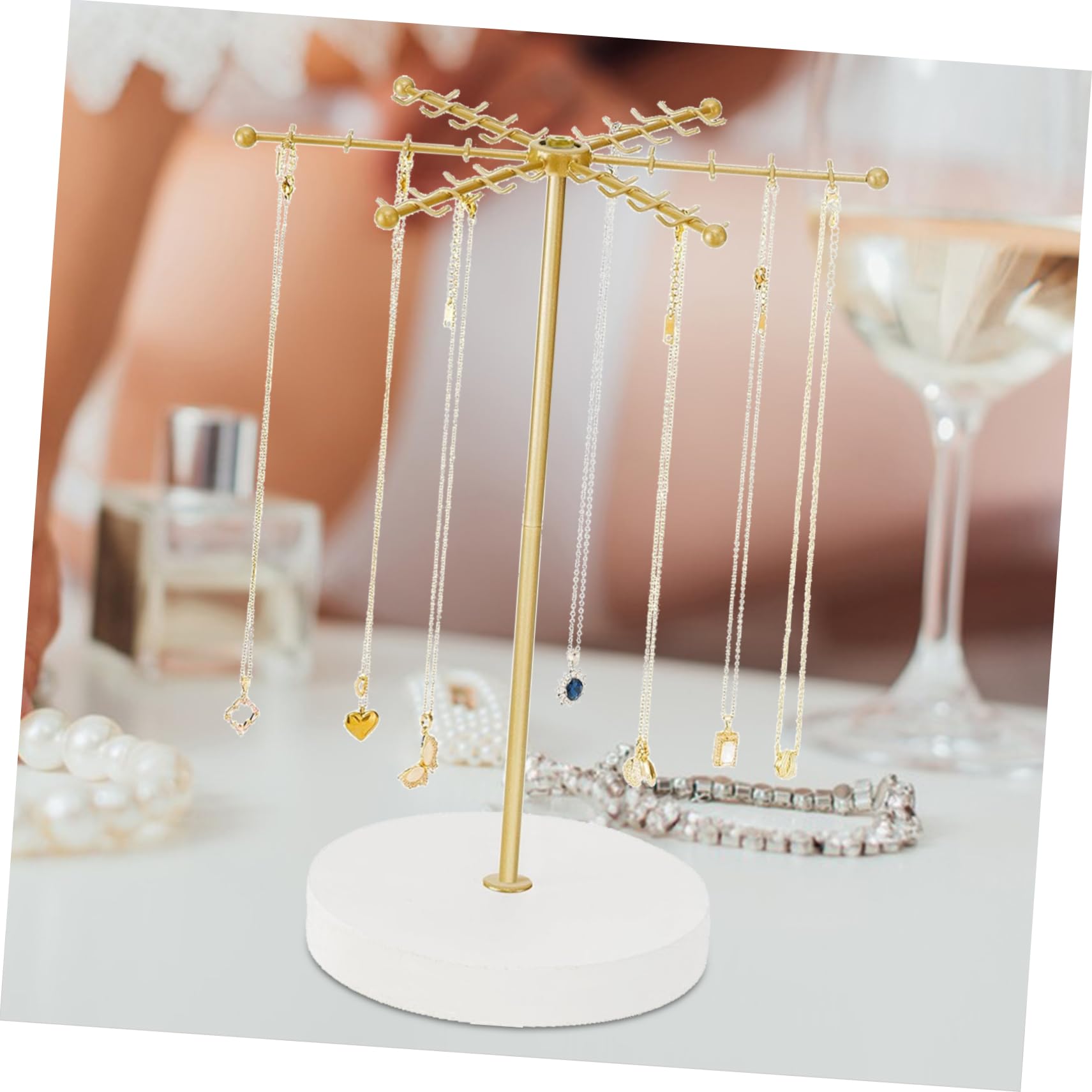 Gatuida Soporte Giratorio Expositor Dorado Collares de Hierro y Madera | Base Redonda, Montaje Sencillo, Estructura Estable, Uso sobre Mesa, para Pulseras y Joyas
