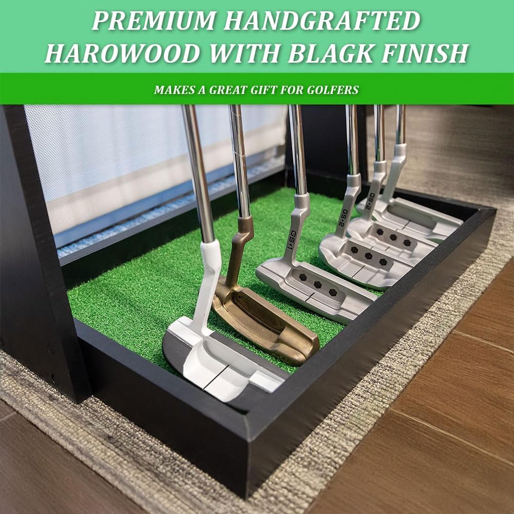 Wooden Golf Putter Stand, Floor Display Putter Rack with Artificial Grass Mat, Natural Wood Golf Club Organizer for 6 Clubs, Indoor Display Rack for Garage Home
