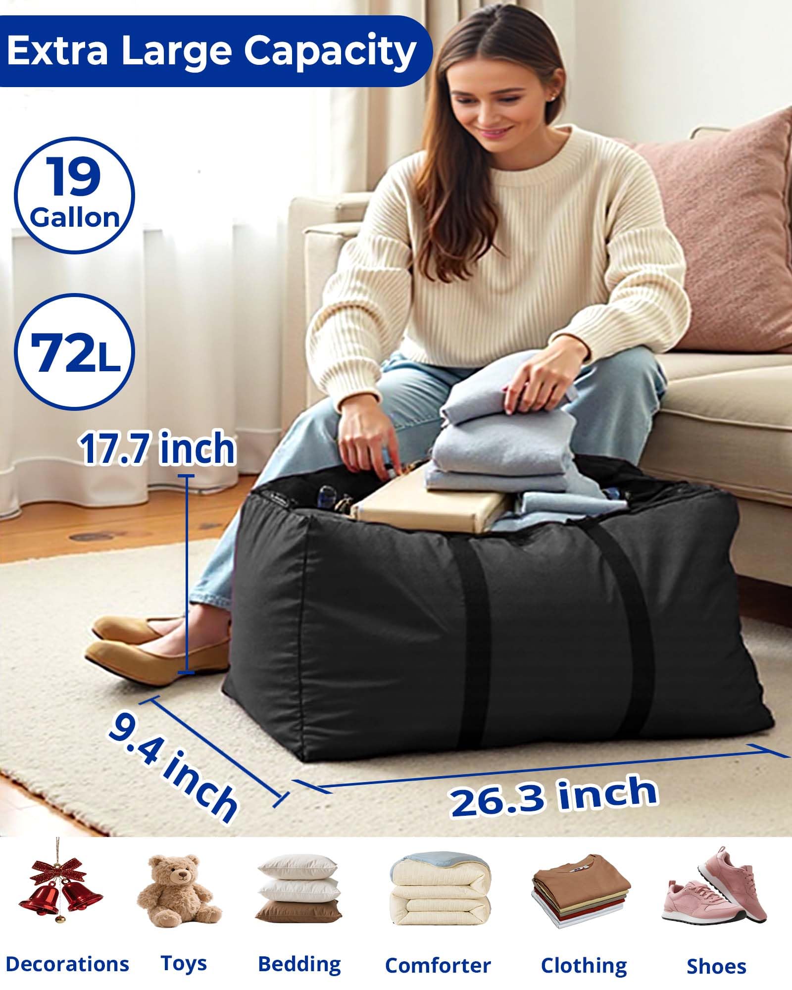 4er-Pack Umzugstaschen mit Reißverschluss und durchgehenden Griffen, robuste Aufbewahrungsbeutel für Umzug/Kleidung/Schuhe, platzsparend, faltbar, Organizer für Haushalt, Uni, Wohnung, Reisen