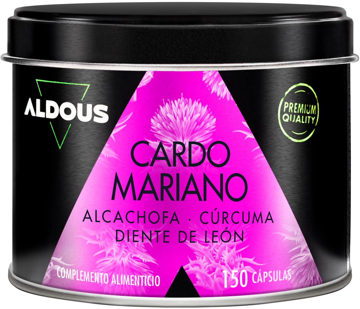 Cardo Mariano con CÚRCUMA, Alcachofa, Diente de León y Desmodium - TRIPLE ACCIÓN - 150 Cápsulas Detox - Máxima dosis Depurativa con 80% de Silimarina - Detox Higado, Mejora digestión - ALDOUS