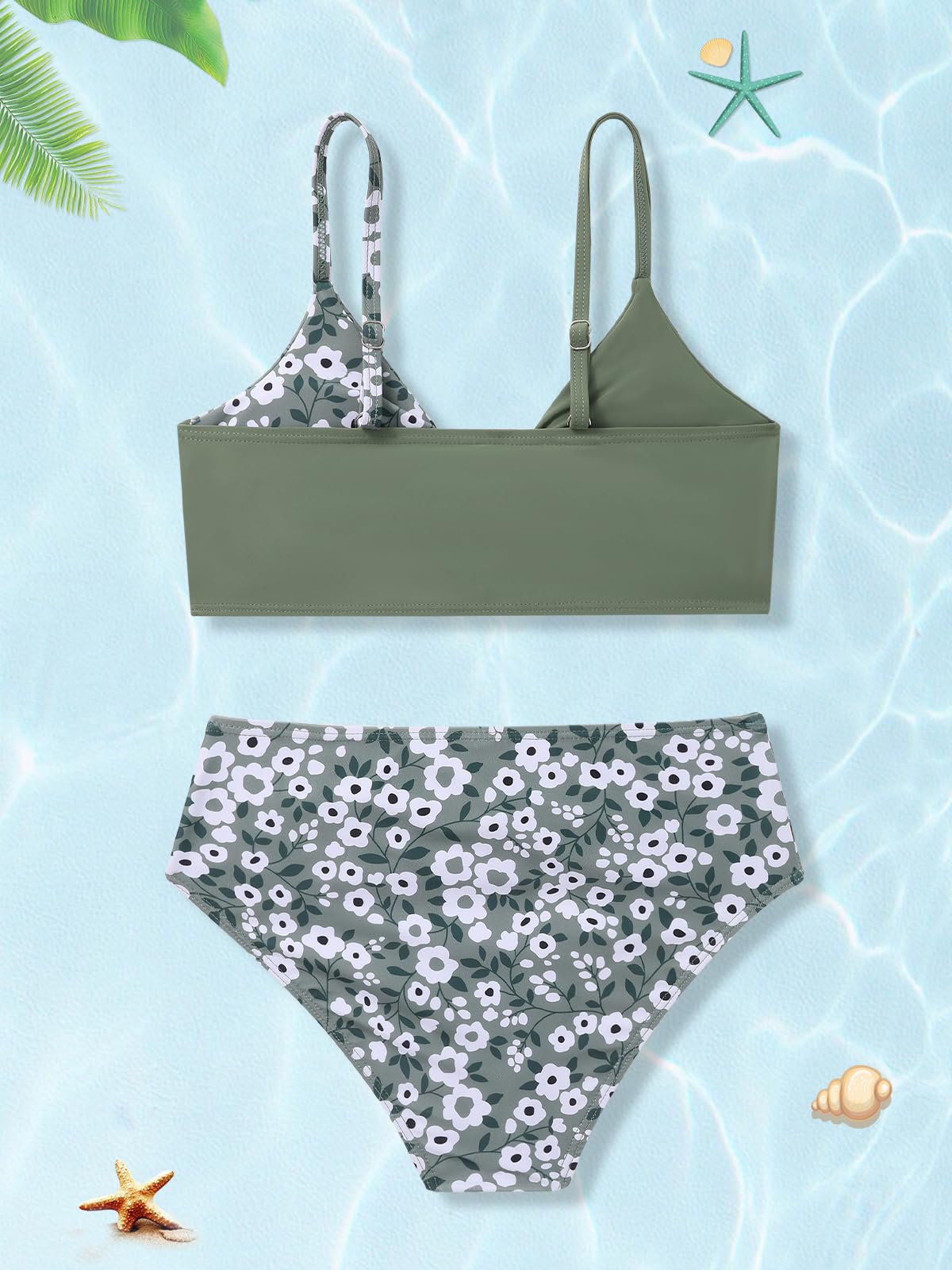 Traje de baño de 2 piezas para niñas, conjunto de bikini con bloques de color tropical, floral, lindo traje de baño para niñas