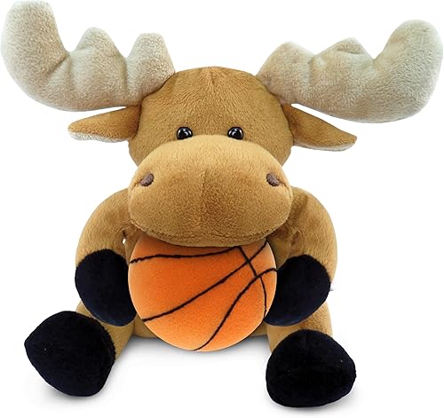 DolliBu Peluche de alce con peluche de baloncesto, alce suave y abrazable, adorable juguete de peluche de alce para jugar, lindo regalo de vida