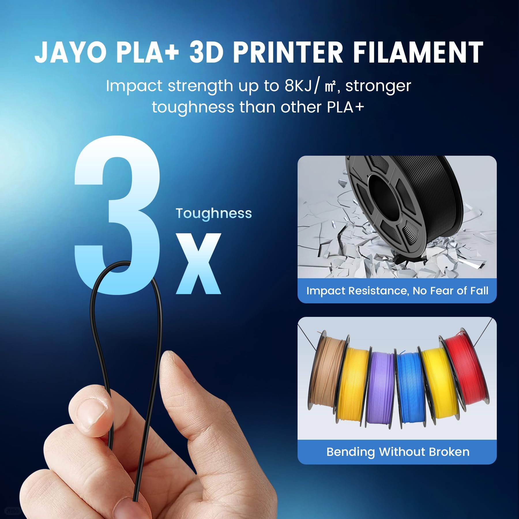 JAYO Filamento PLA+, 1,75 mm, nero, 4,4 kg, PLA Plus, filamento per stampante 3D, indurente e resistente, materiali di stampa 3D, precisione di misurazione +/-0,02 mm, 4 kg/4 spool