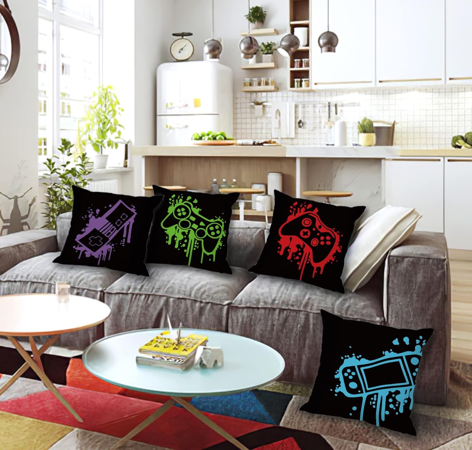 Colorful Video Game Controller Teen Gaming Throw Pillow Cover Pillowcase 18x18 Inch (Set of 4) Decor, Gamer Controller Sofa Boys Room Playroom Home Decoration