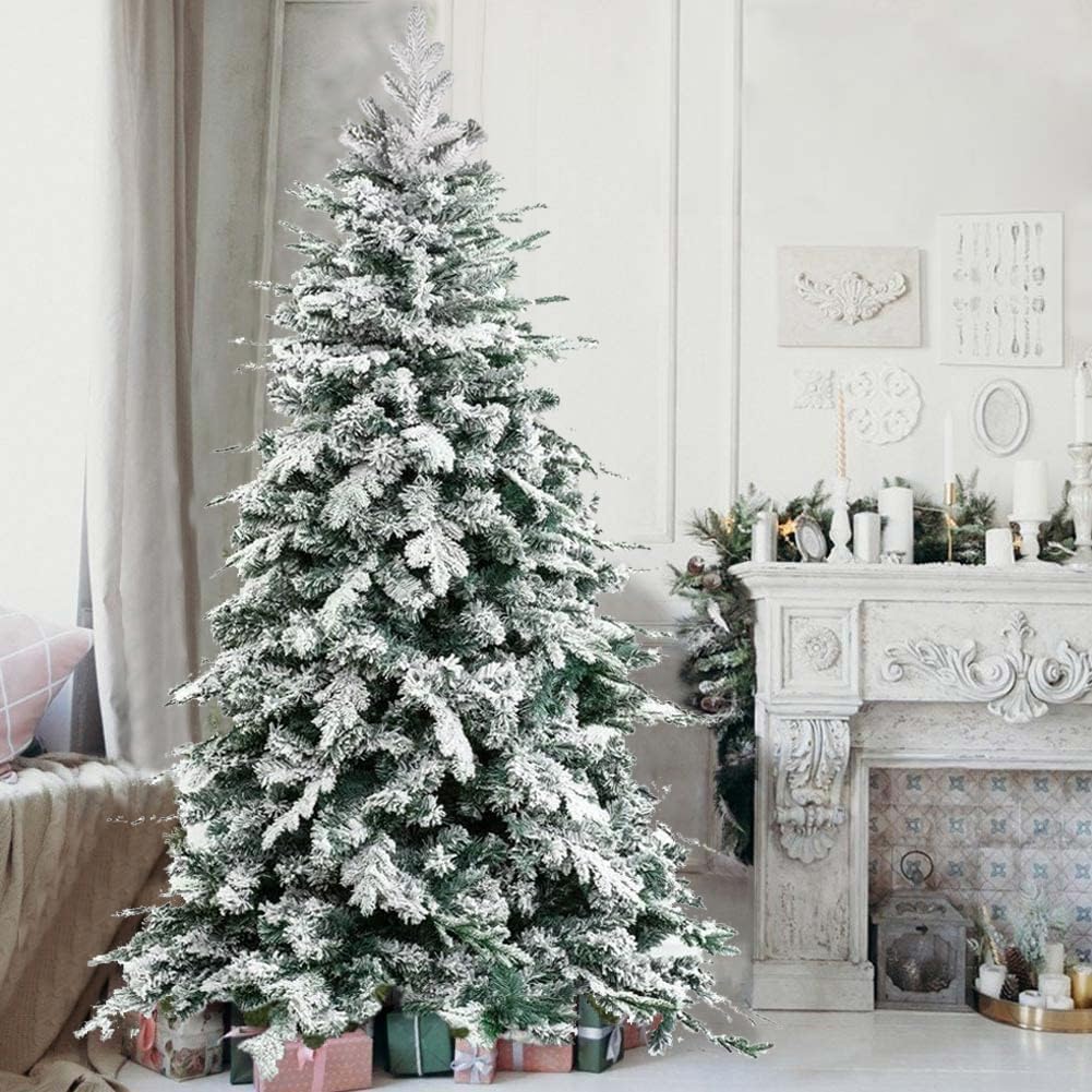 BAKAJI Árbol de Navidad ártico nevado Muy frondoso, Muy Completo, Ramas de Pino Flocado, decoración navideña Blanca, Montaje Sencillo, Apertura Paraguas, Muy frondoso, 210 cm