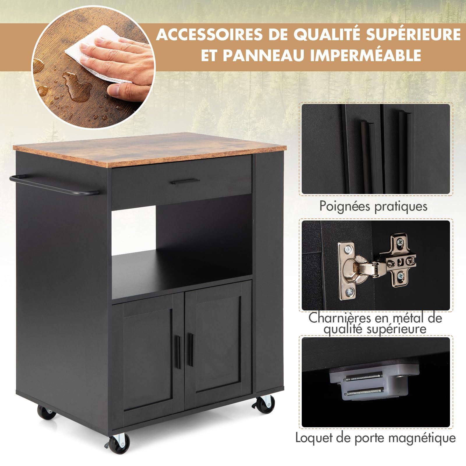 GOPLUS Desserte à roulettes, Chariot Cuisine Rangement avec Placard, Armoire, Support à Épices 3 Niveaux et Porte-Serviettes, Meuble Rangement pour Cuisine, 82 x 50 x 92 cm (Noir+Brun, Moderne)