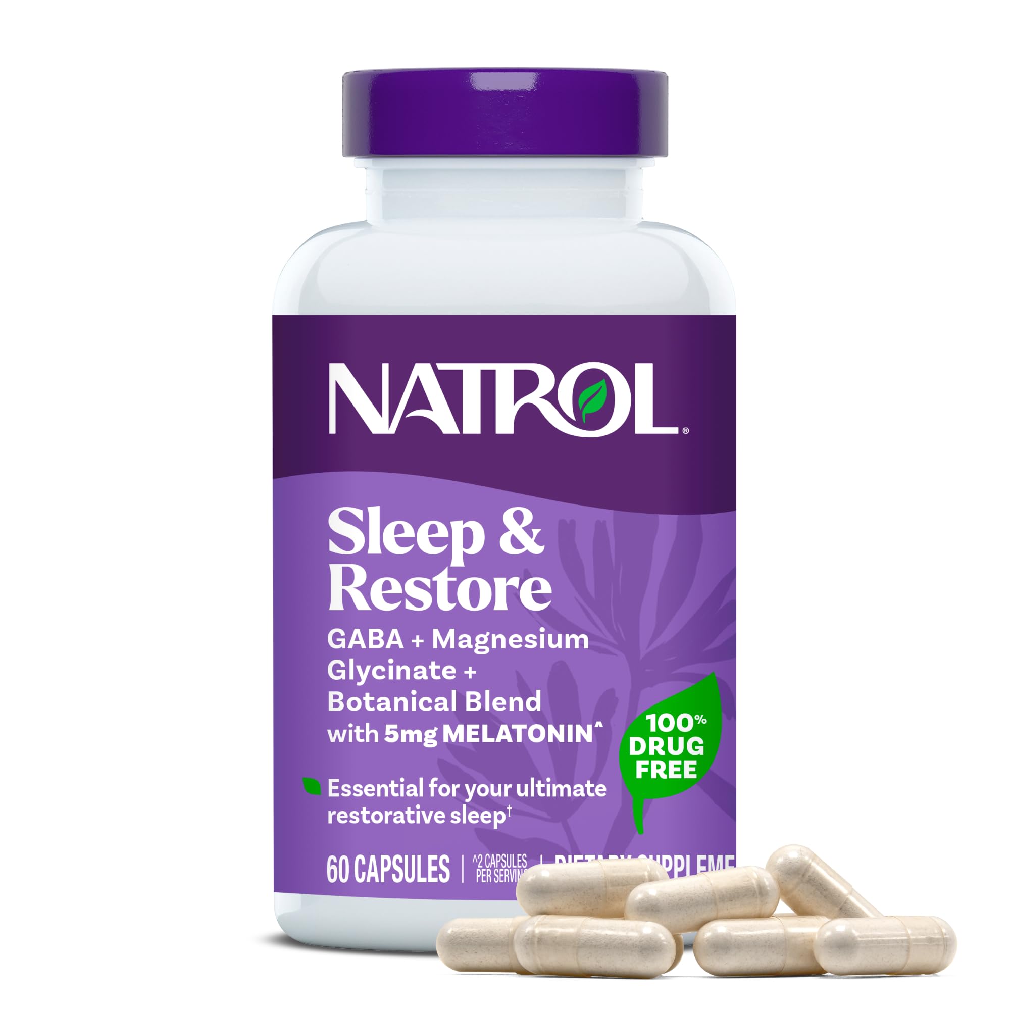 NatrolSleep & Restore Capsules - Calm Magnesium Glycinate, Magnesium Sleep Aid with GABA, Melatonin 5mg, Botanical Blend, 30 Day Supply