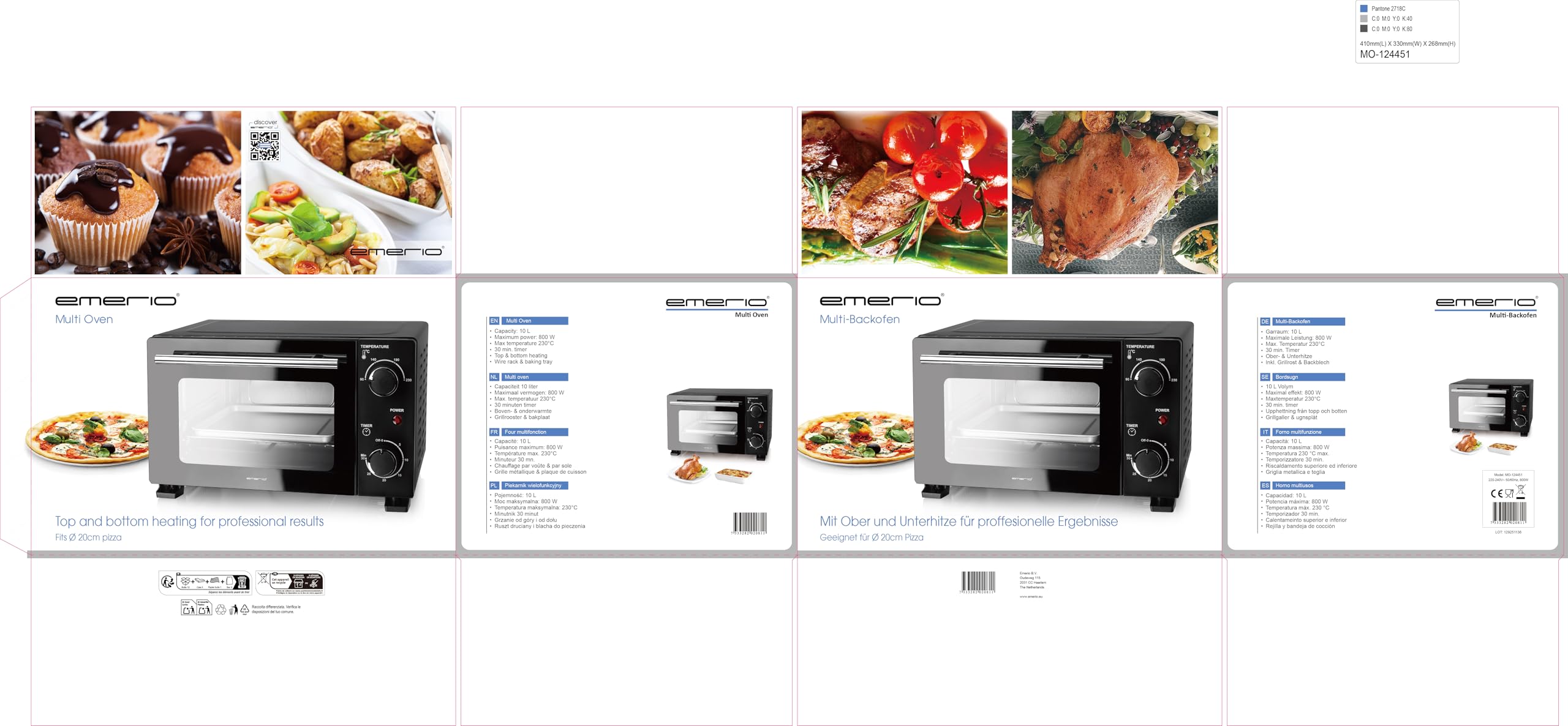 EMERIO Mini forno | 10 litri | 800 Watt | incl. teglia e griglia | forno tostapane | a scelta 90°-230°C | timer da 30 minuti | cavo da 1 m | forno piccolo | MO-124451