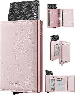 Damen Kreditkartenetui aus Leder mit RFID-Schutz, zweifach faltbar, automatisches Pop-up-Kartenfach und Geldscheinfach (Rosa)
