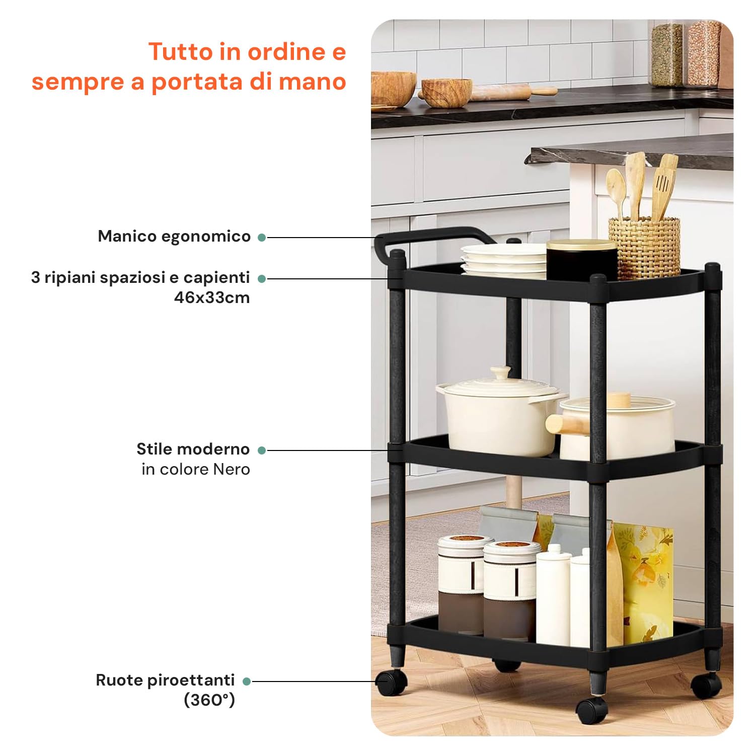 Avilia Carrello Portavivande da Cucina con 3 Ripiani e Ruote - 46x33x74 cm, Carrello Cucina Nero - Manico Ergonomico, Struttura in Polipropilene Resistente - Ideale per Cucina, Bagno e Ufficio