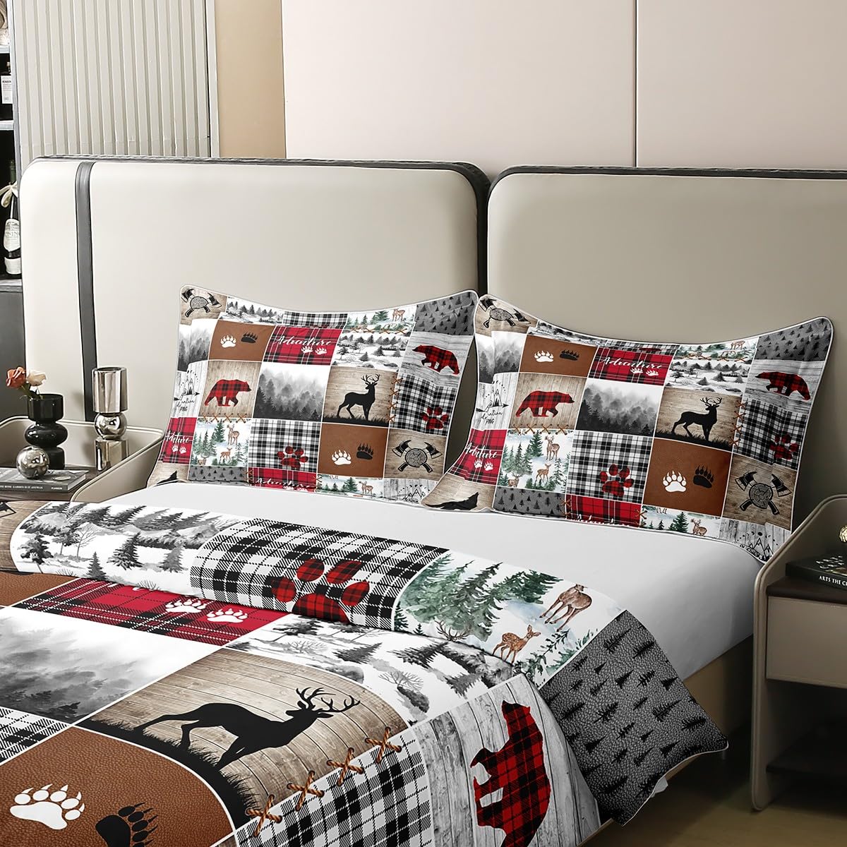 Cabin Bear Deer Bettwäsche-Set Queen - Jagd-Design, Polyester-Mikrofaser, 3-teilig (Bezug + 2 Kissenbezüge)