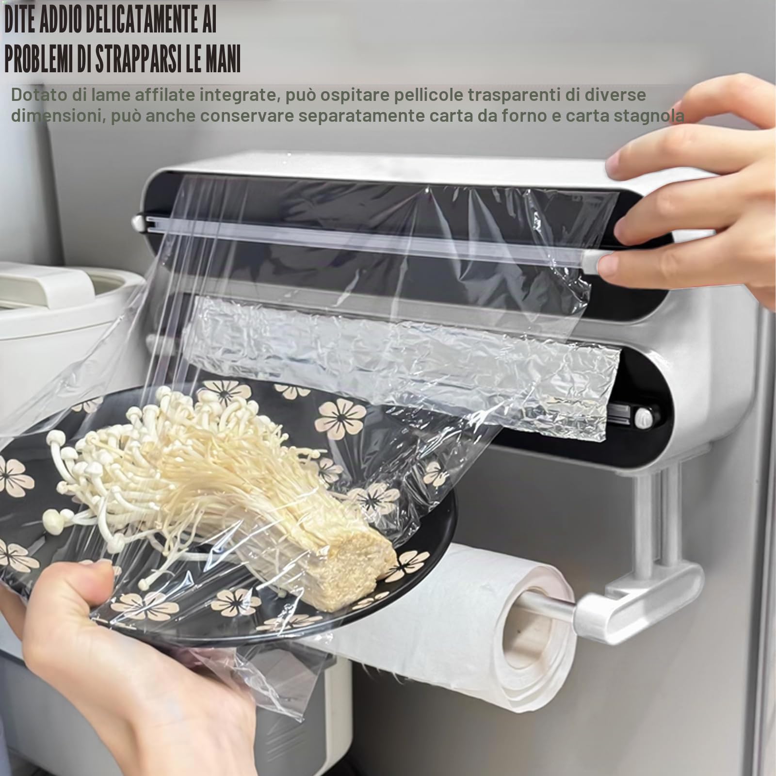 Dispenser di pellicola trasparente 3 in 1 con porta rotolo da cucina, dispenser magnetico di pellicola trasparente con taglierino, dispenser e dispenser per pellicola di alluminio e pellicola