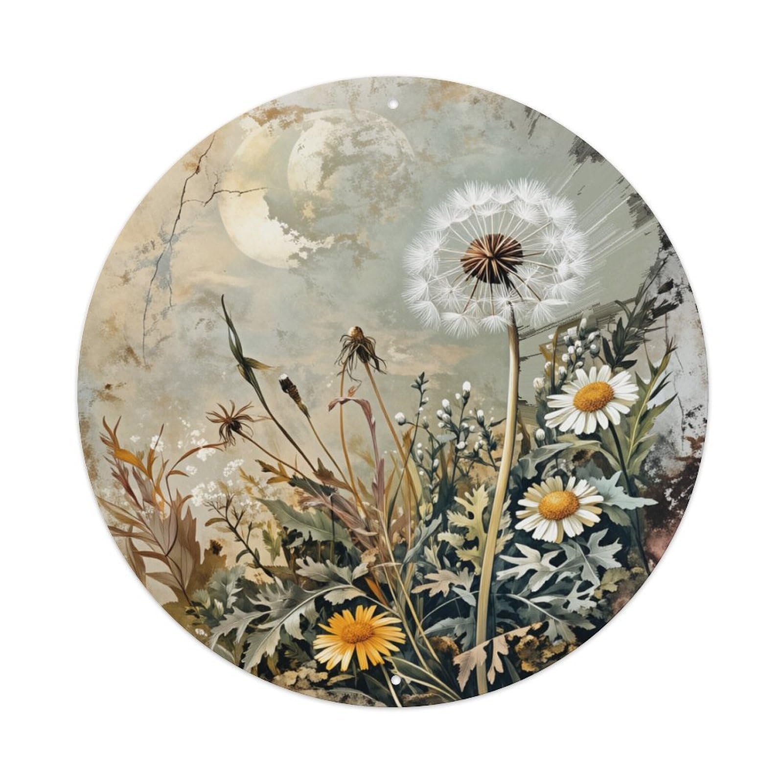 Floral Moonlight Dandelion Garden Scene Round Tin Sign Retro Metal Sign for Cafe Bar Pub Home Game Room Gym Club Wall Decoration Vintage Metal Poster 8x8 Inch