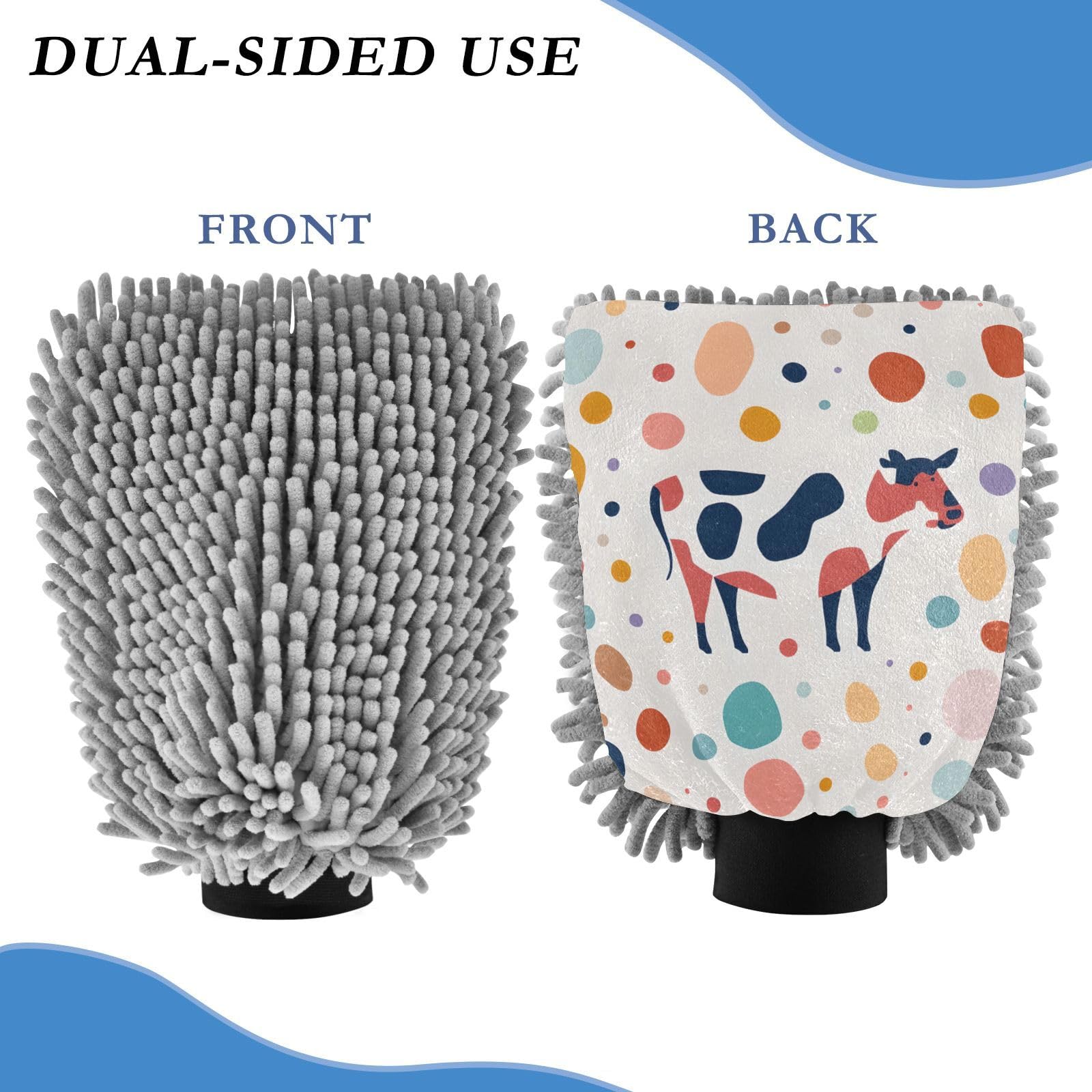 IOACIY Absorbent Microfiber Car Wash Drying Mitts, 2 Pack, Scratch-Free & Lint-Free, Rich Foam, Highly Absorbent, Double Sided, Wash Mitt Perfect for Car Washing, L, Cute Cow (1)
